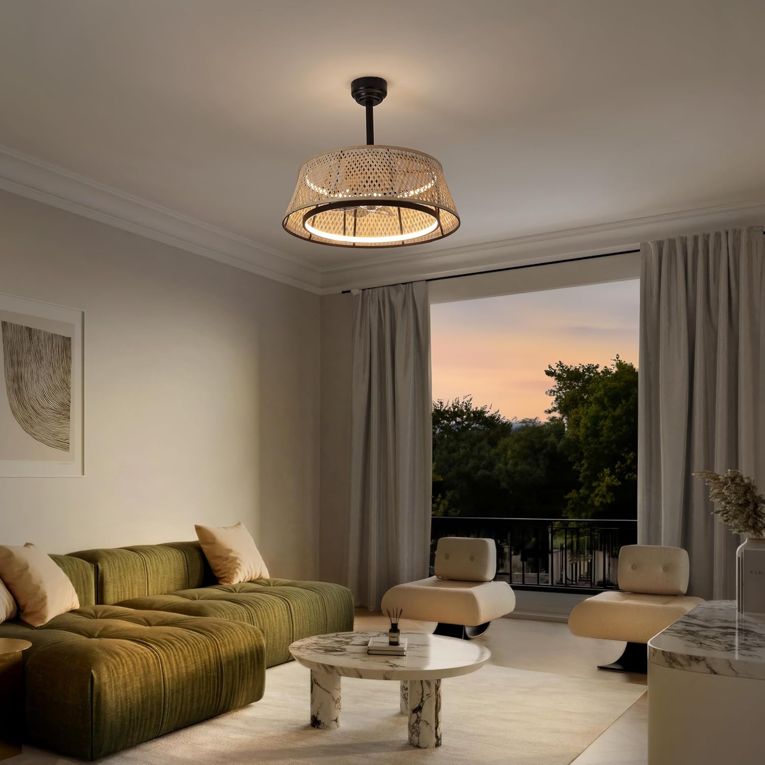 JONATHAN Y 23.75" Light Brown and Black 2-Light Iron and Bamboo Caged LED Ceiling Fan, 6-Speed App and Remote Control, Dimmable Bohemian Coastal Fixture, Integrated LED JYL9729A