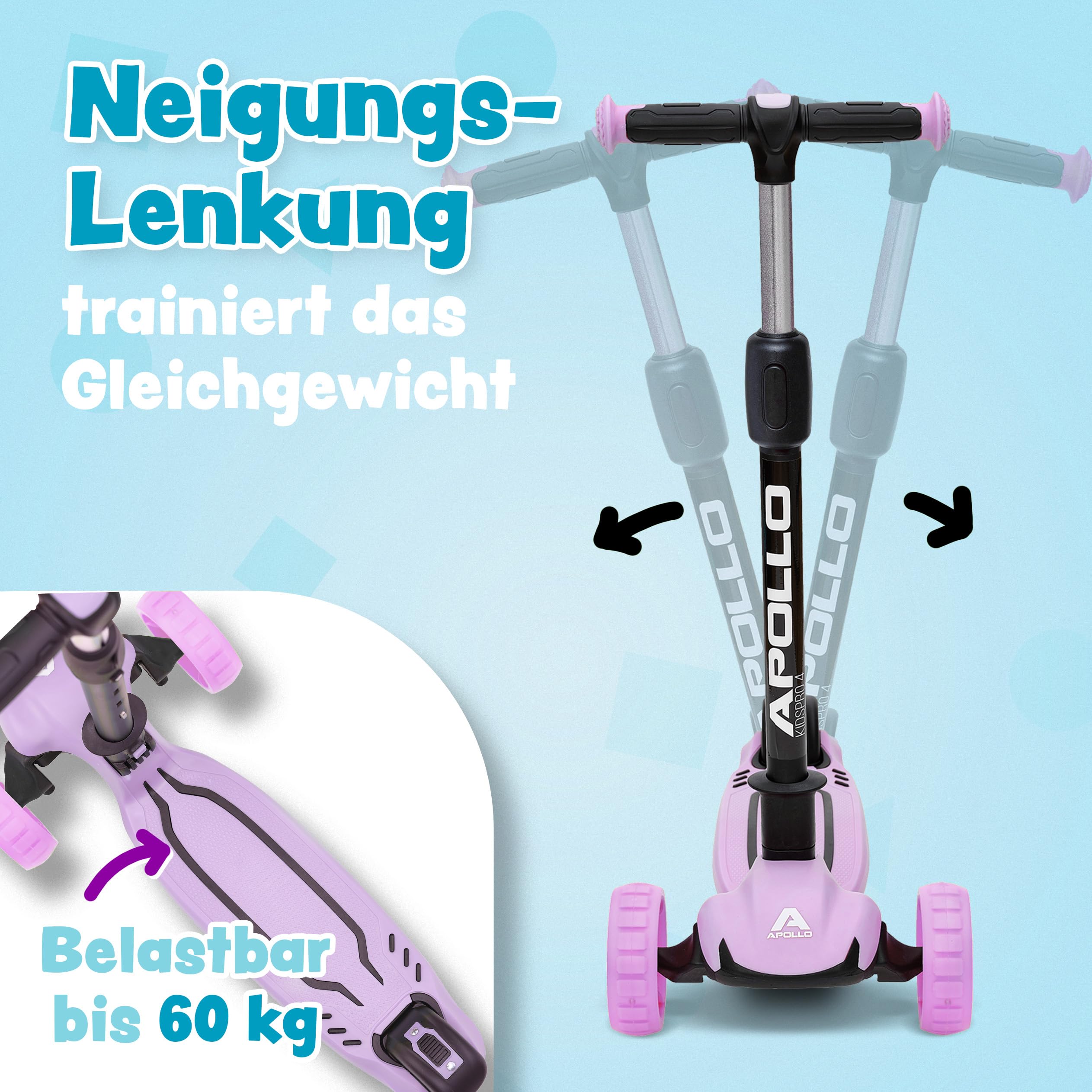 Apollo KidsPro 4 Kinderroller | klappbarer Kinder Scooter, höhenverstellbarer Dreiradscooter | Roller Kinder 3 Jahre Altersempfehlung | Kinderroller 3 Räder mit LED Rollen | Scooter Kinder-gerecht