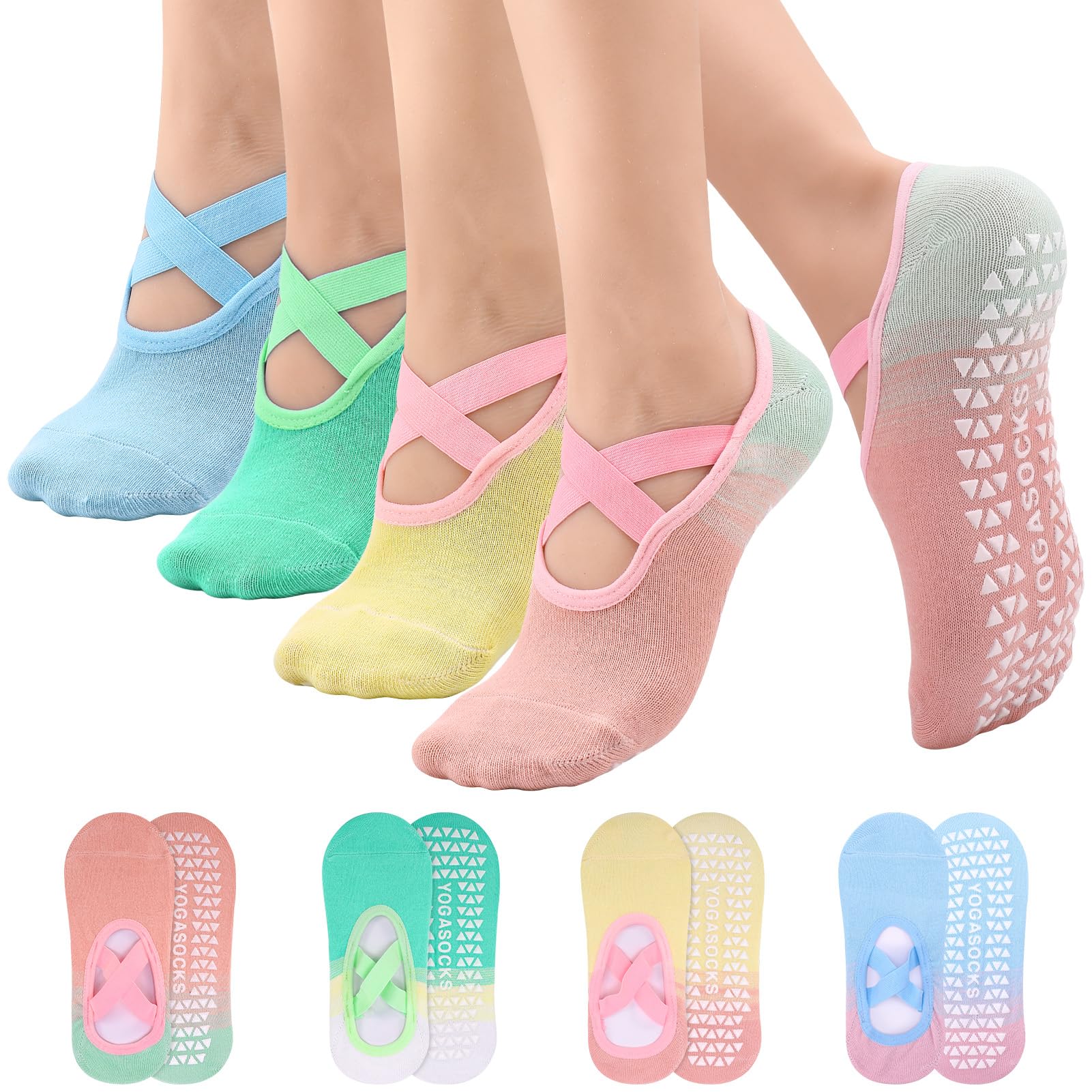 Utensilsto 4 Paar Pilates Socken Rutschfeste Yoga Socken mit Noppen,35-38 Gradient Anti Rutsch Socken für Ballett Tanzen Trampolin Gymnastik Fitness
