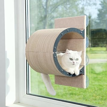 Cat Window Perch with Scratching Bed,Versatile Climbing Shelves Mounted by Strong Suction Cups, Solid Metal Frame and Anti-Slip Felt for Hide,Nap and Sunbath, Glass Protection DesignOatmeal