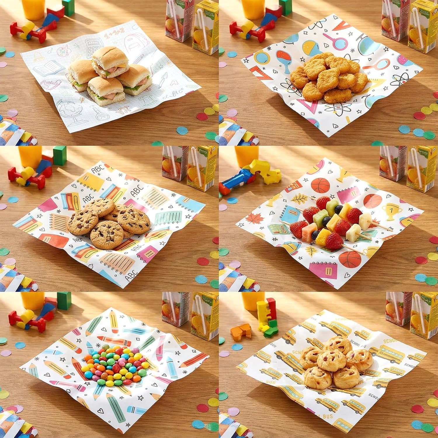Reallnaive 300 Pcs Back to School Wax Paper Sheets 12 x 12 Inch Parchment Deli Tissue Paper Sandwich Wrapping Sheets Food Basket Liners for Kitchen Restaurant Baking Supplies, 6 Styles