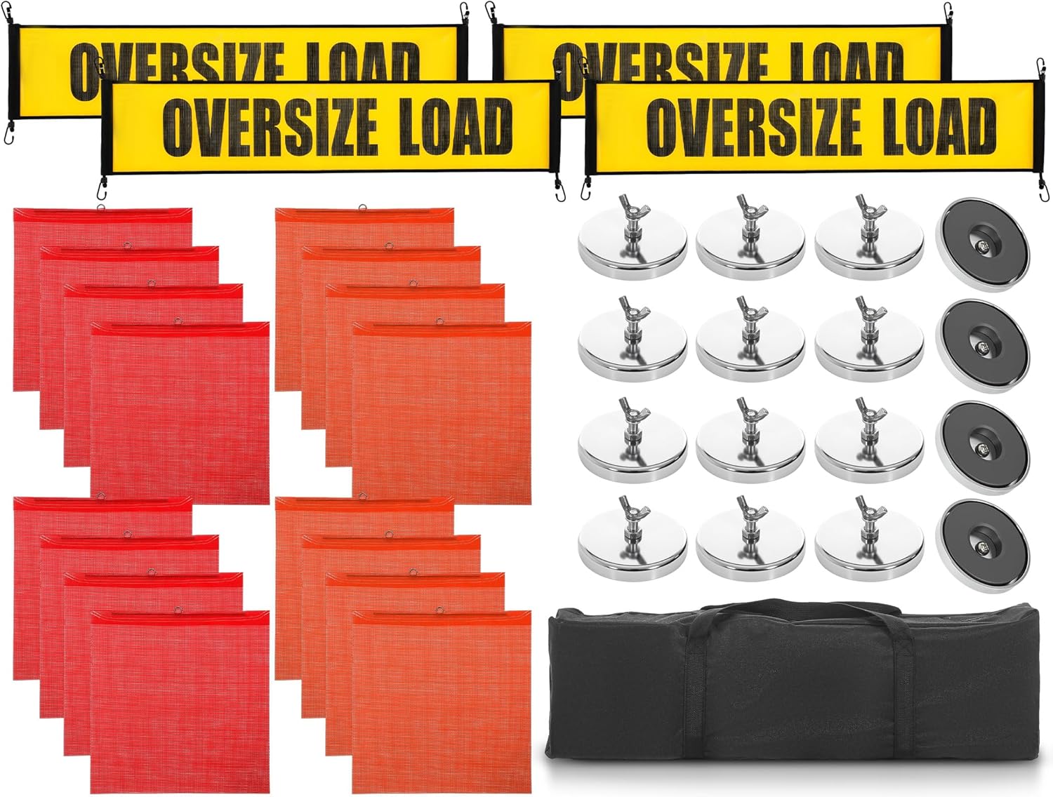 SmoothNovelty 36 Pcs Oversize Load Signs for Trucks, 4 Oversize Load Banner, 8 Red Flag Warning, 8 Orange Flag Warning, 16 Magnet, 1 Storage Bag for Trucks Trailer Cargo Escort Vehicles Car
