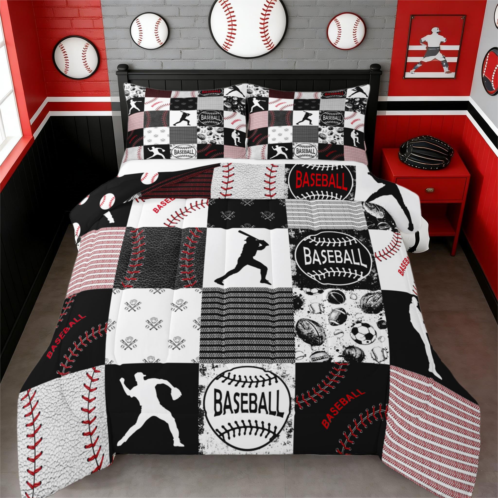 Erosebridal Kids Baseball Comforter Set Full Softball Boys Bedding Set Sports Game Quilted Comforter for Boys Patchwork Down Comforter Baseball Gift