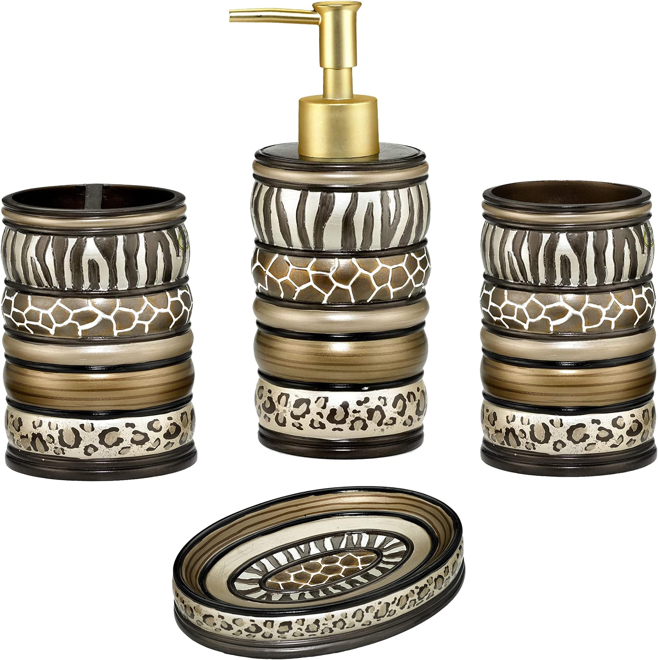 Zahari Home 4pc Safari Stripes Stylish Bathroom Accessories Set Hand Soap Dispenser, Tumbler, Tooth Brush Holder and Soap Dish Modern Classic Luxury Contemporary Decor Unique Design Stylish Bath Set
