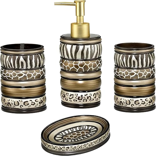 Zahari Home Safari - Juego de 4 accesorios de baño con diseño de rayas, dispensador de jabón de mano, vaso, soporte para cepillo de dientes y