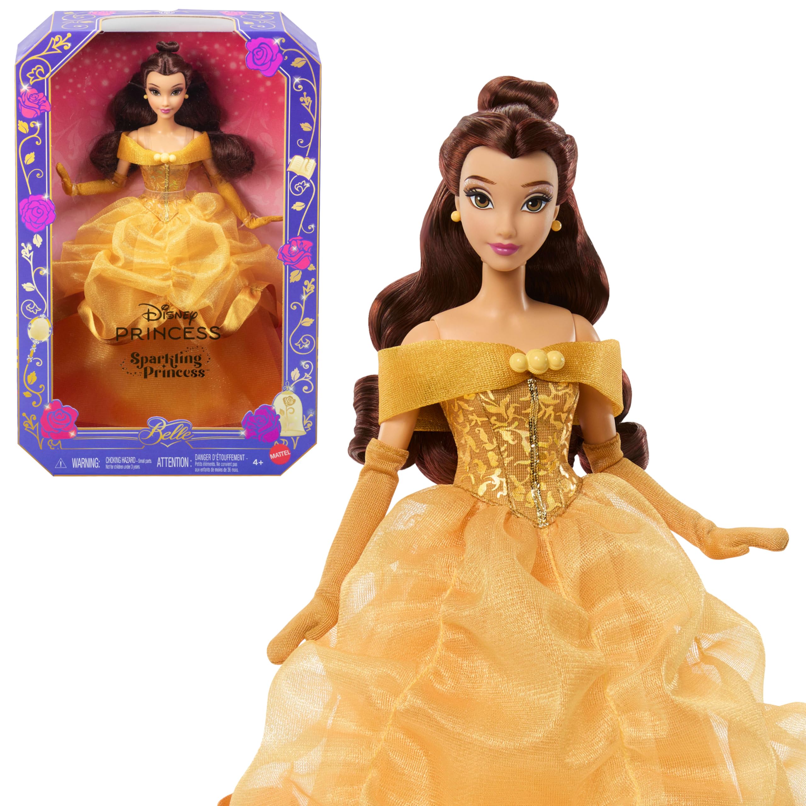 Mattel Disney Princess Belle Sparkling Princess Fashion Doll & Accessories w/Removable Dress, Shoes & Earrings, Inspired by Beauty & the Beast Movie