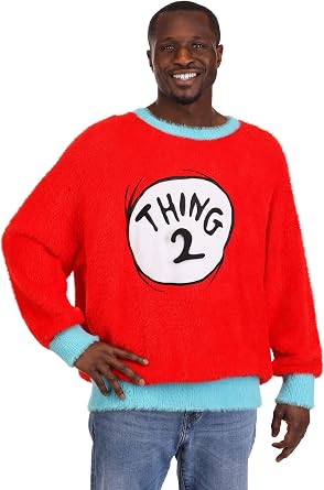 Dr. Seuss Thing 1 & 2 Christmas Sweater for Adults with Interchangeable Patches - Officially Licensed