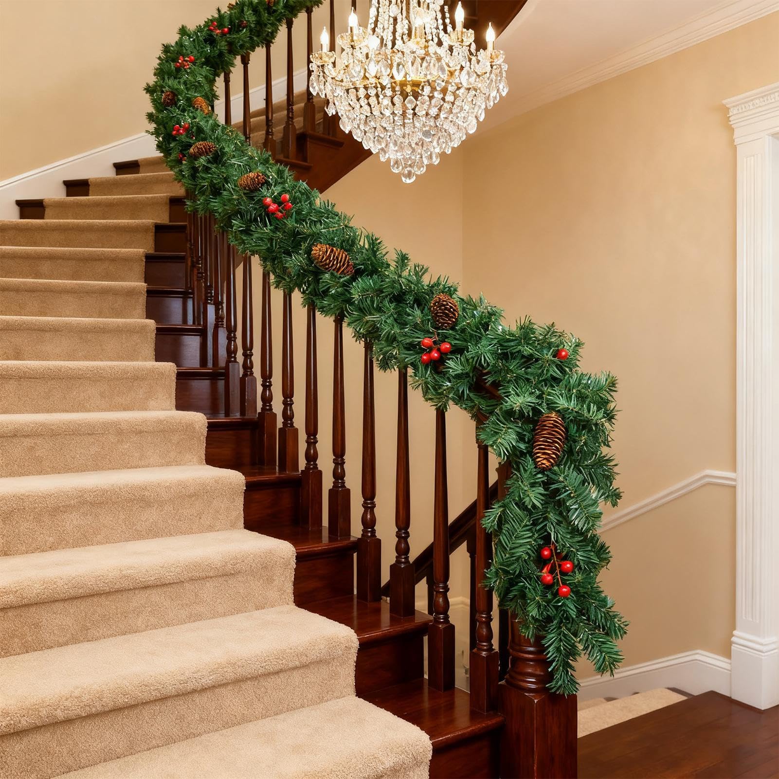Weihnachtsgirlande 2.7 Meter Tischgirlande | Kunstlicher Realistischer Mit Roten Beeren Und Tannenzapfen Deko Für Kaminholz Tisch Wand Hochzeit Festlich