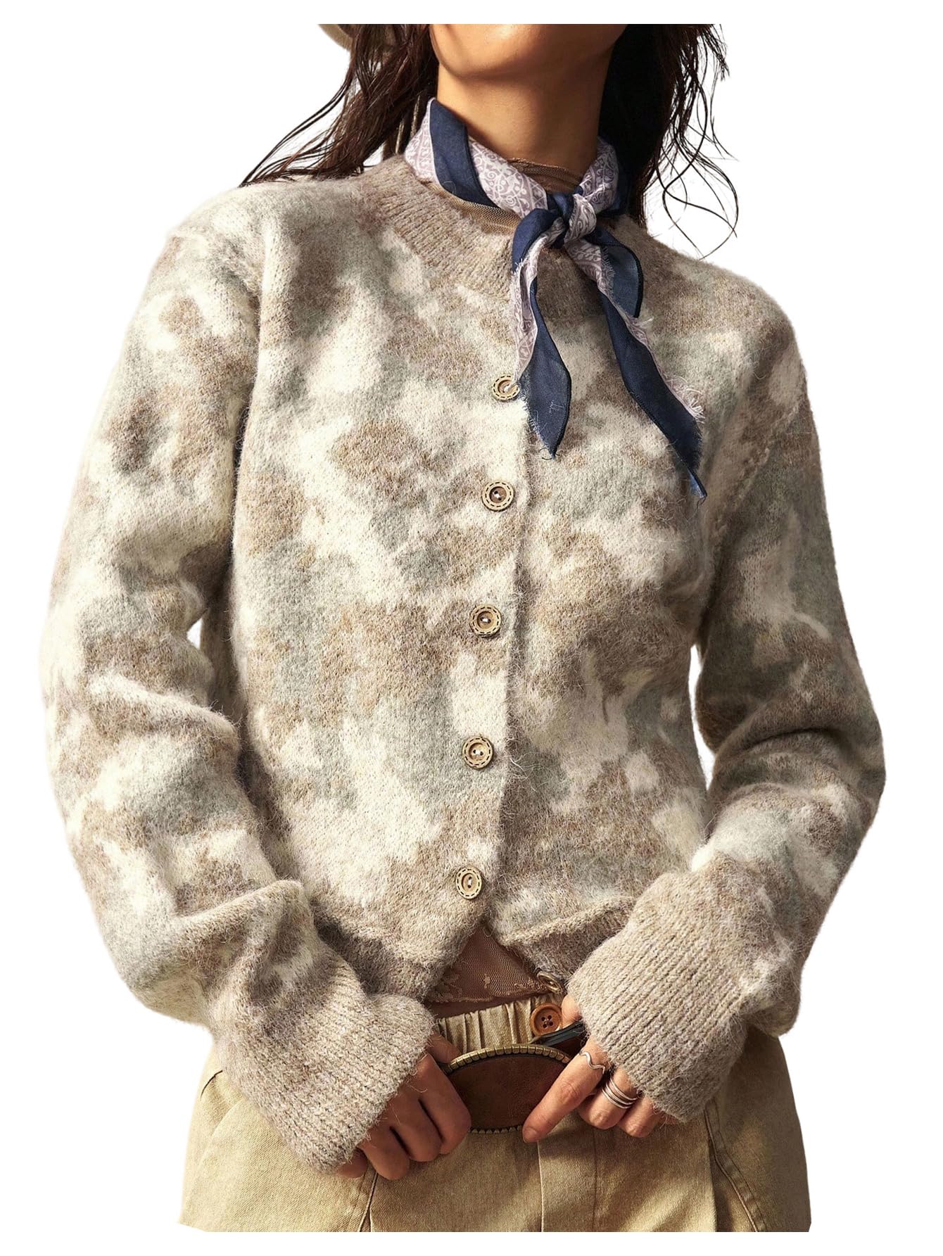Womens Vintage Western Cardigan Fuzzy Cowgirl Boho Long Sleeve Crew Neck Button Down Sweater Knitwear