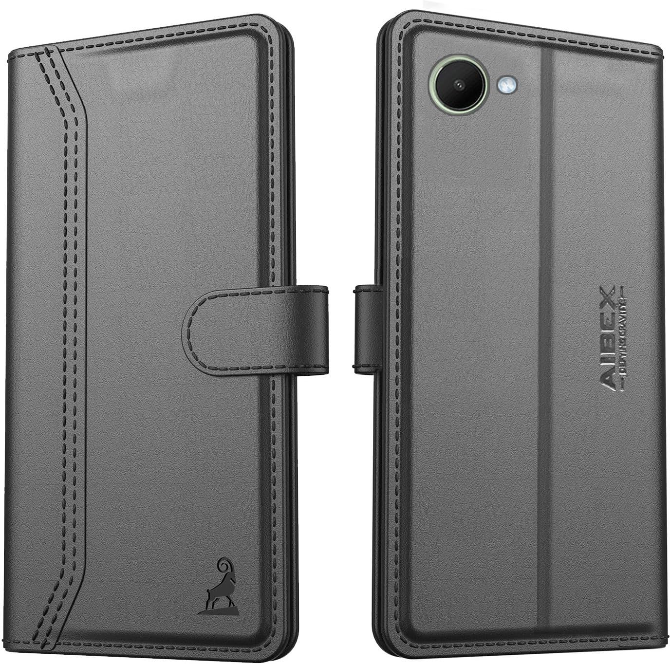 AIBEX ® Compatible for Realme C30 / Realme C30s Flip Cover Leather Finish | Inside TPU with Card Pockets | Wallet Stand | Complete Protection Flip Case - Black