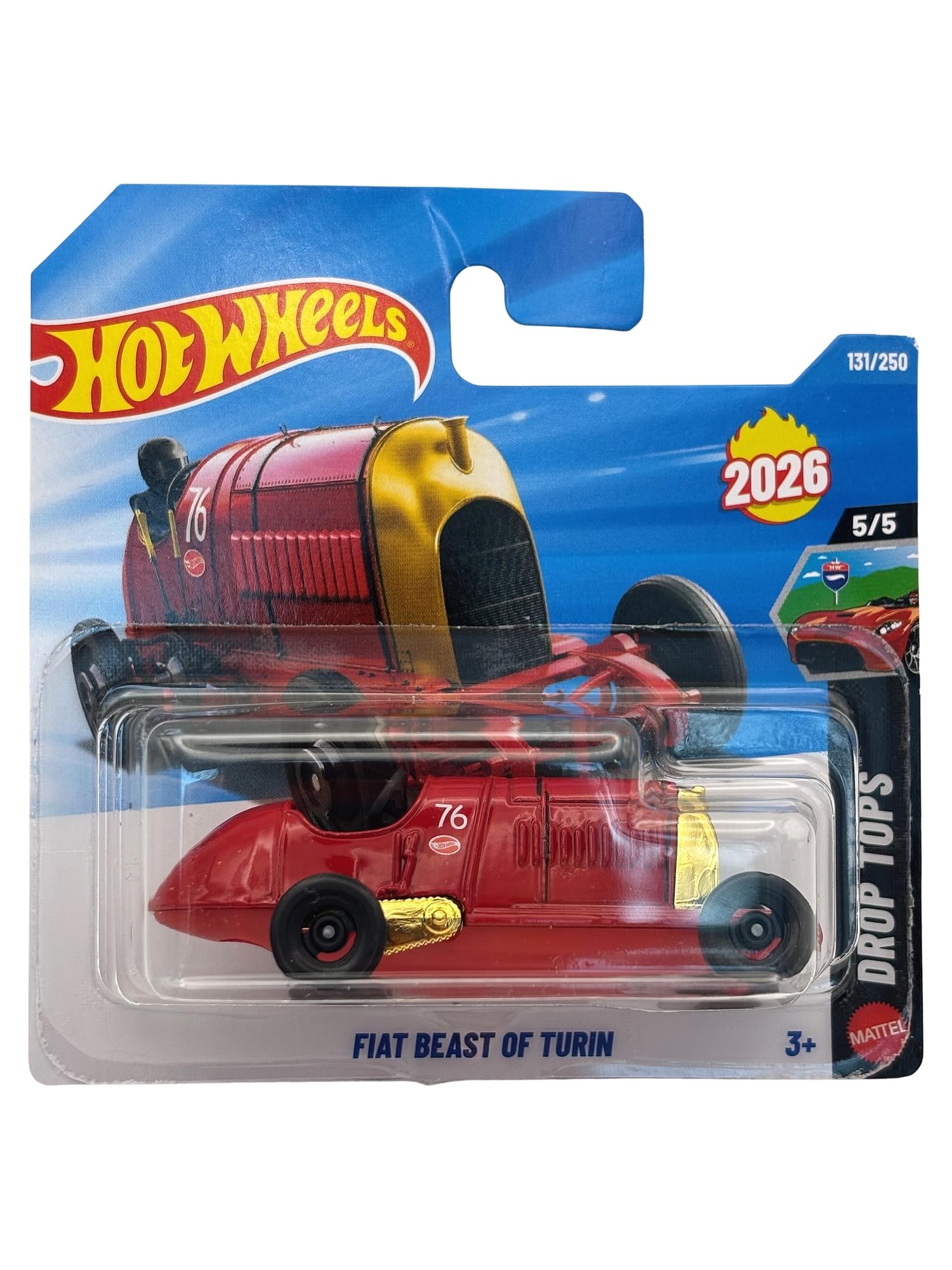 Hot Wheels Fiat Beast of Turin Red - Drop Tops 5/5 - JJH48 - Short Card - Historic Racing Car - Mattel 2026 (131/250) - Vintage - Licensed Model - 1:64