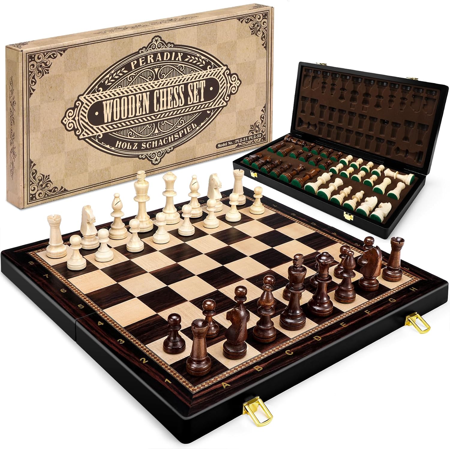 Peradix 48 x48CM Große Schachspiel aus Holz - Klappbares Schachbrett Holz Hochwertig mit 34 Große&Schwere Schachfiguren- Schach für Erwachsene und Kinder (48×48cm, Schwarz) - Amazon product rated Grade A
