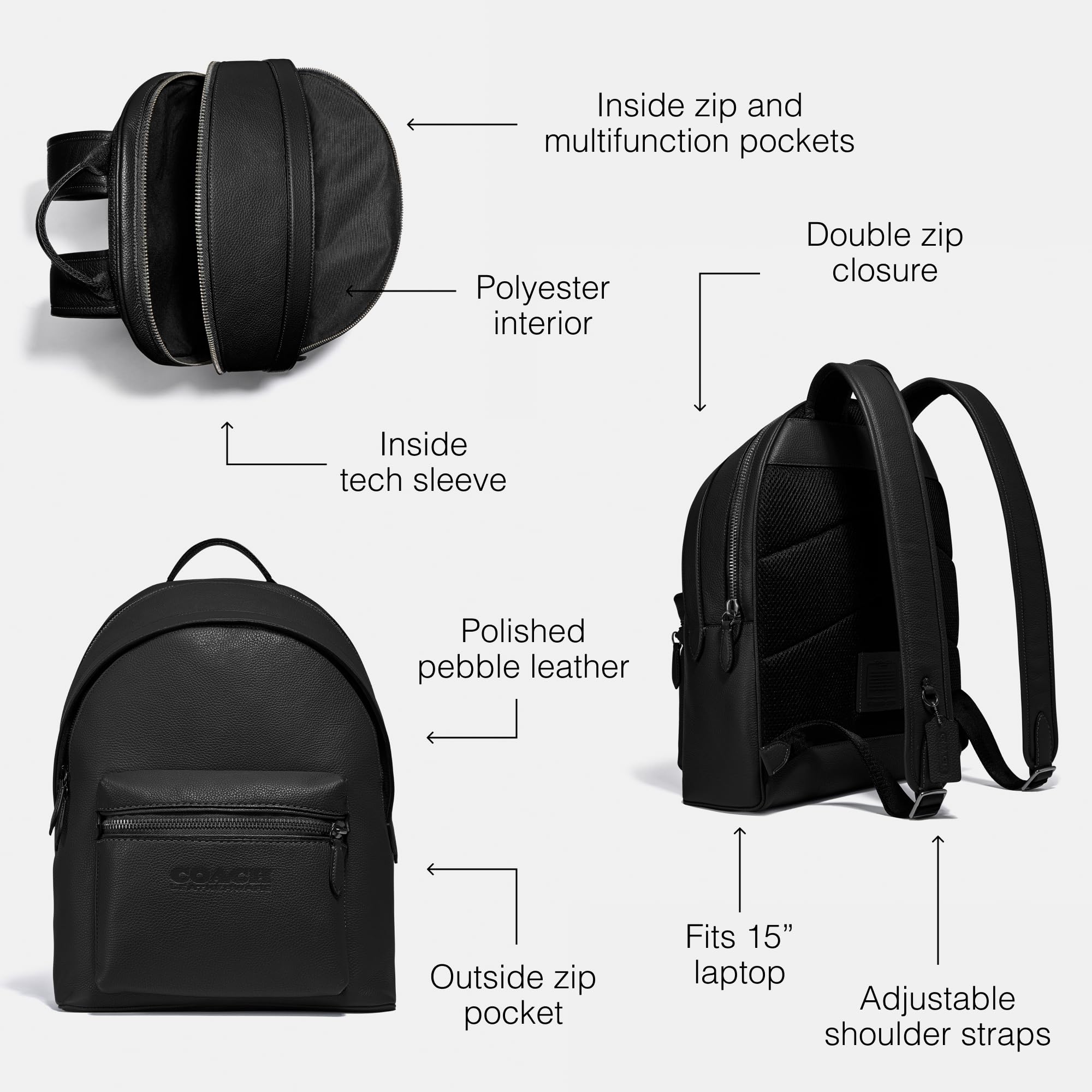 COACH Charter Backpack in Refined Pebbled Leather, Black,