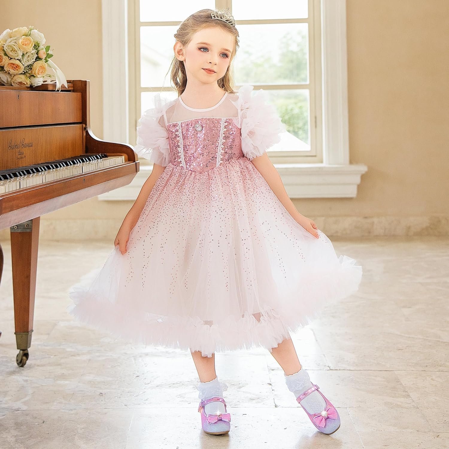 Furdeour Girls Dress Shoes Mary Jane Wedding Flower Bridesmaids Heels Glitter Princess Shoes for Kids Toddler