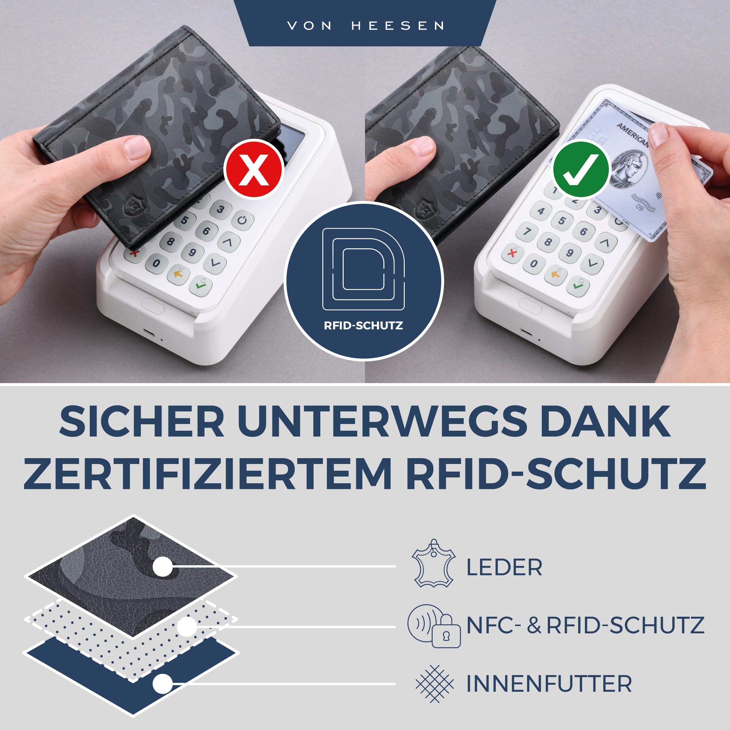 VON HEESEN® Leder Geldbörse mit Münzfach & RFID Schutz Herren & Damen - Echtleder Geldbeutel für Männer & Frauen - Portemonnaie Brieftasche Wallet Portmonee (Camouflage Grau)