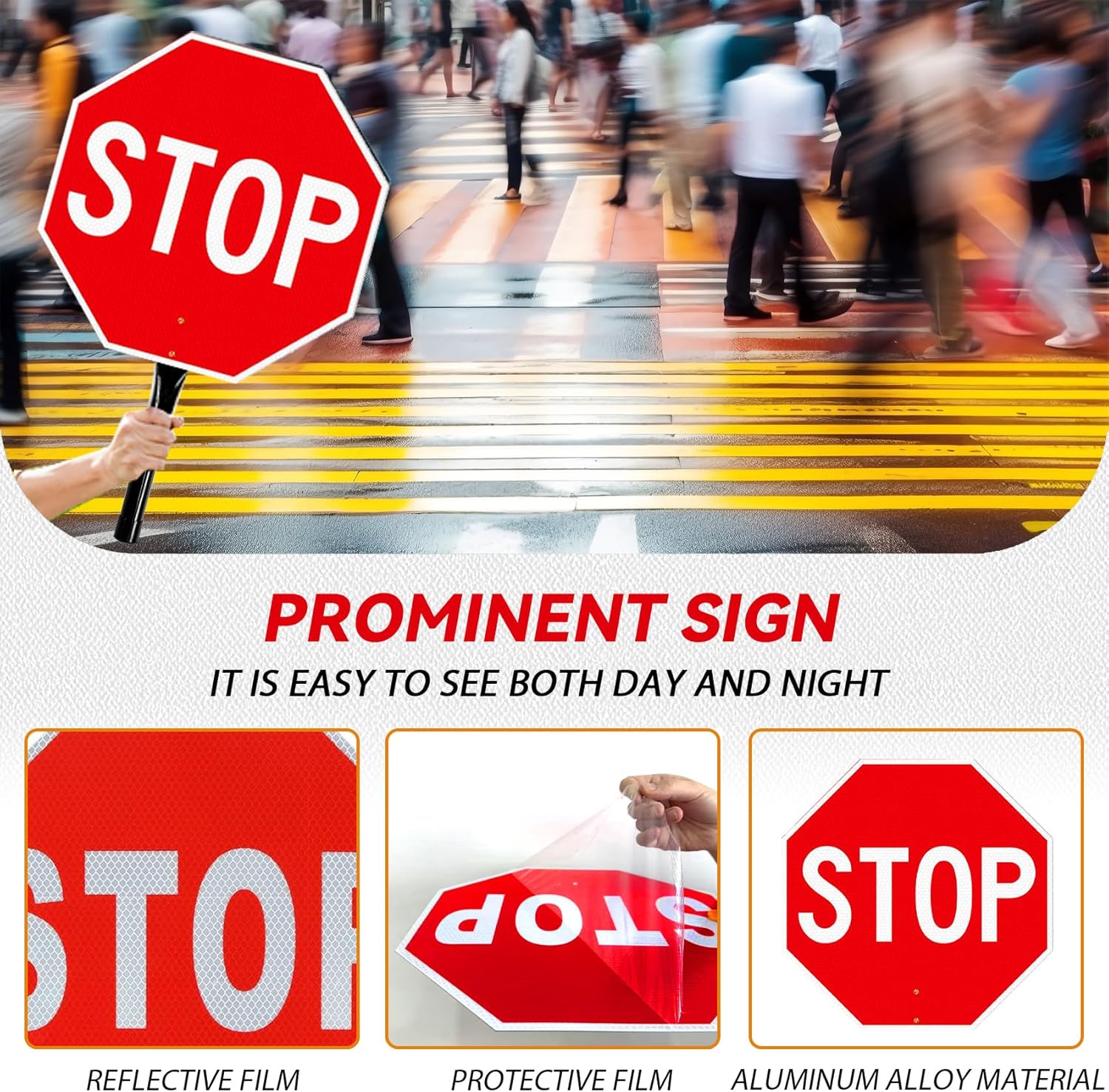 2 Pack Stop Slow Sign, 18” x 18” Handheld Stop Sign, Aluminum Crossing Guard Signs with Handle, Double Sided Reflective Signs, Waterproof, Weather Resistant(Red-Stop&Slow, 18 * 18IN)
