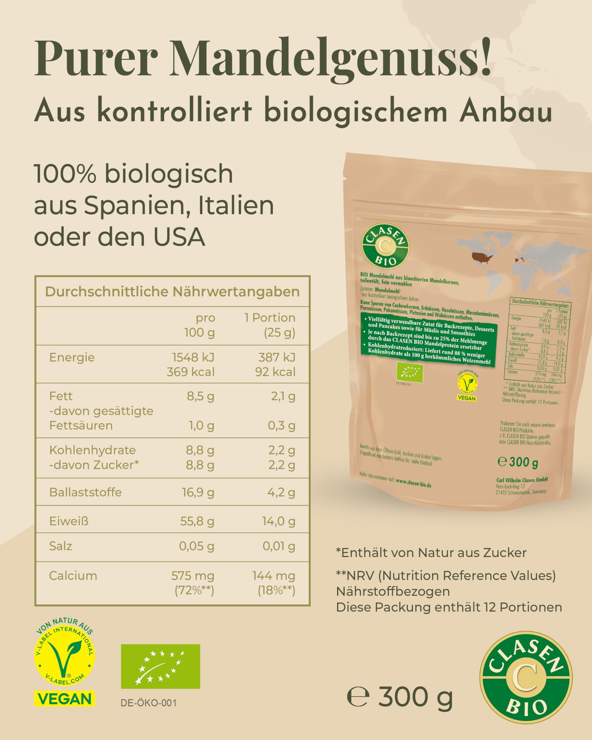CLASEN BIO Mandelprotein 3x300g Bundle – Mandelmehl teilentölt mild nussig & leicht süß – Low Carb Almond Flour ideal für Kuchen, Desserts & Pancakes – Reich an Protein, Ballaststoffen, Calcium