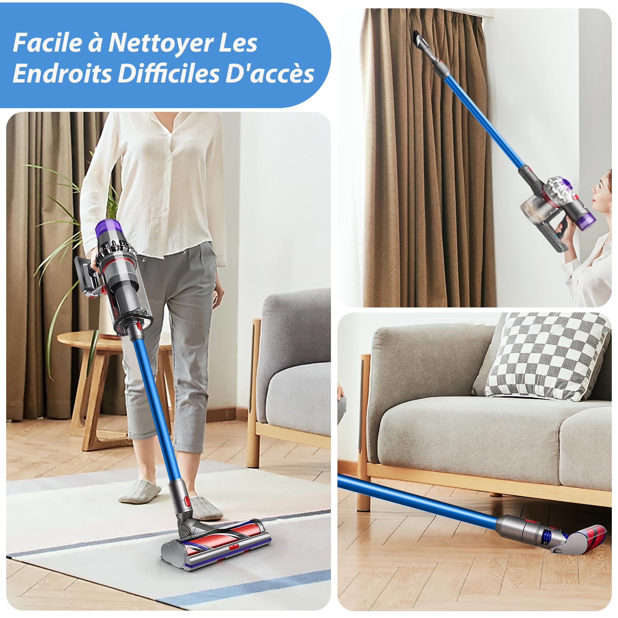 Tube d'Extension Télescopique Dyson Compatible V7 V8 V10 V11 V15 - Avec 2 Filtres et Deux Brosses 2-en-1 - Bleu