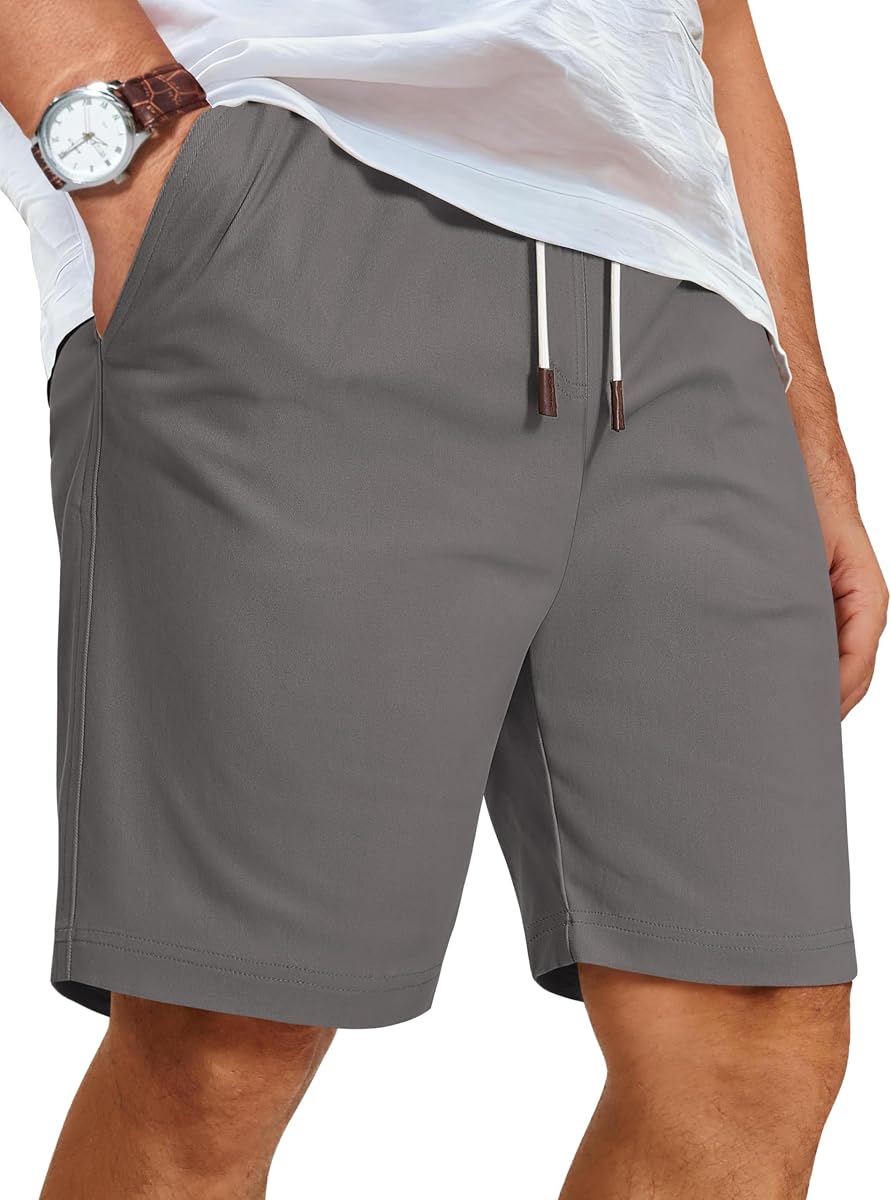 COOFANDY Mens Casual Shorts Cotton Elastic Waist Drawstring Beach Shorts | Stretch Twill Chino, Lightweight Breathable, Flat Front, Phone Pockets, Regular Fit, 9-inch inseam, Summer Vacation Business
