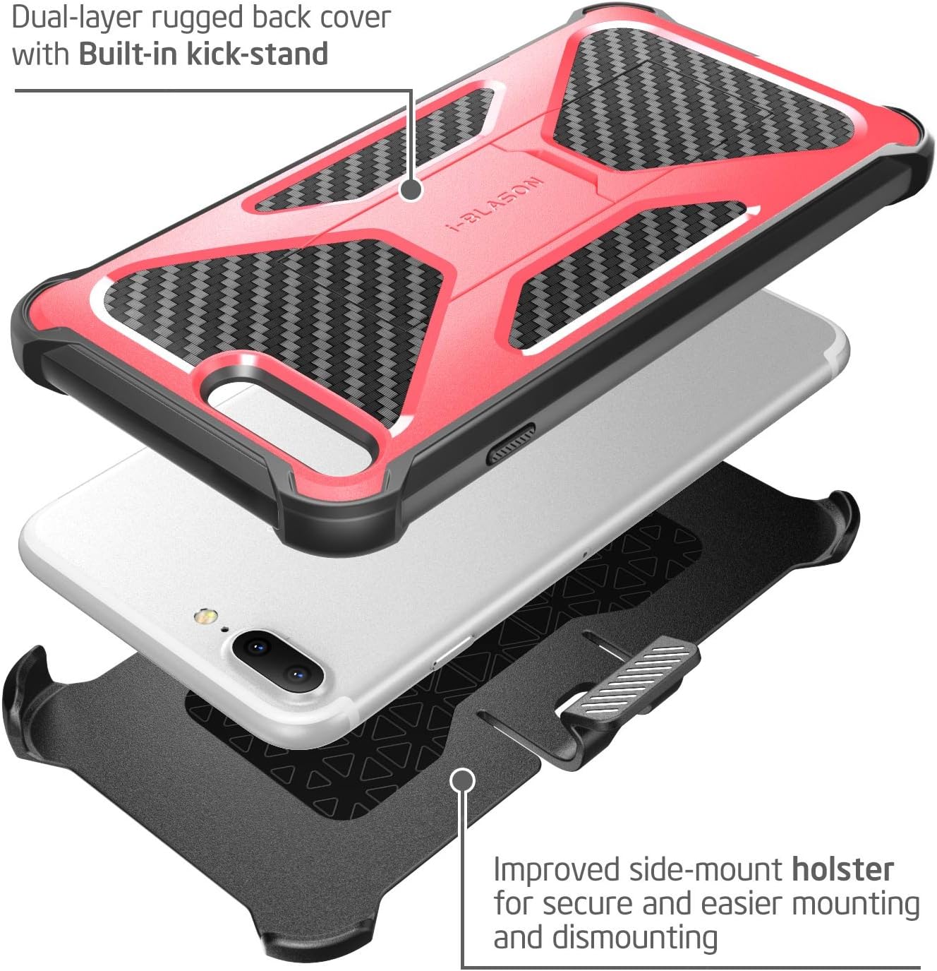 i-Blason iPhone 7 Plus Case, iPhone 8 Plus Case, Transformer Kickstand Apple iPhone 7 Plus/iPhone 8 Plus Heavy Duty Dual Layer Combo Holster Cover case with Locking Belt Swivel Clip (Pink)