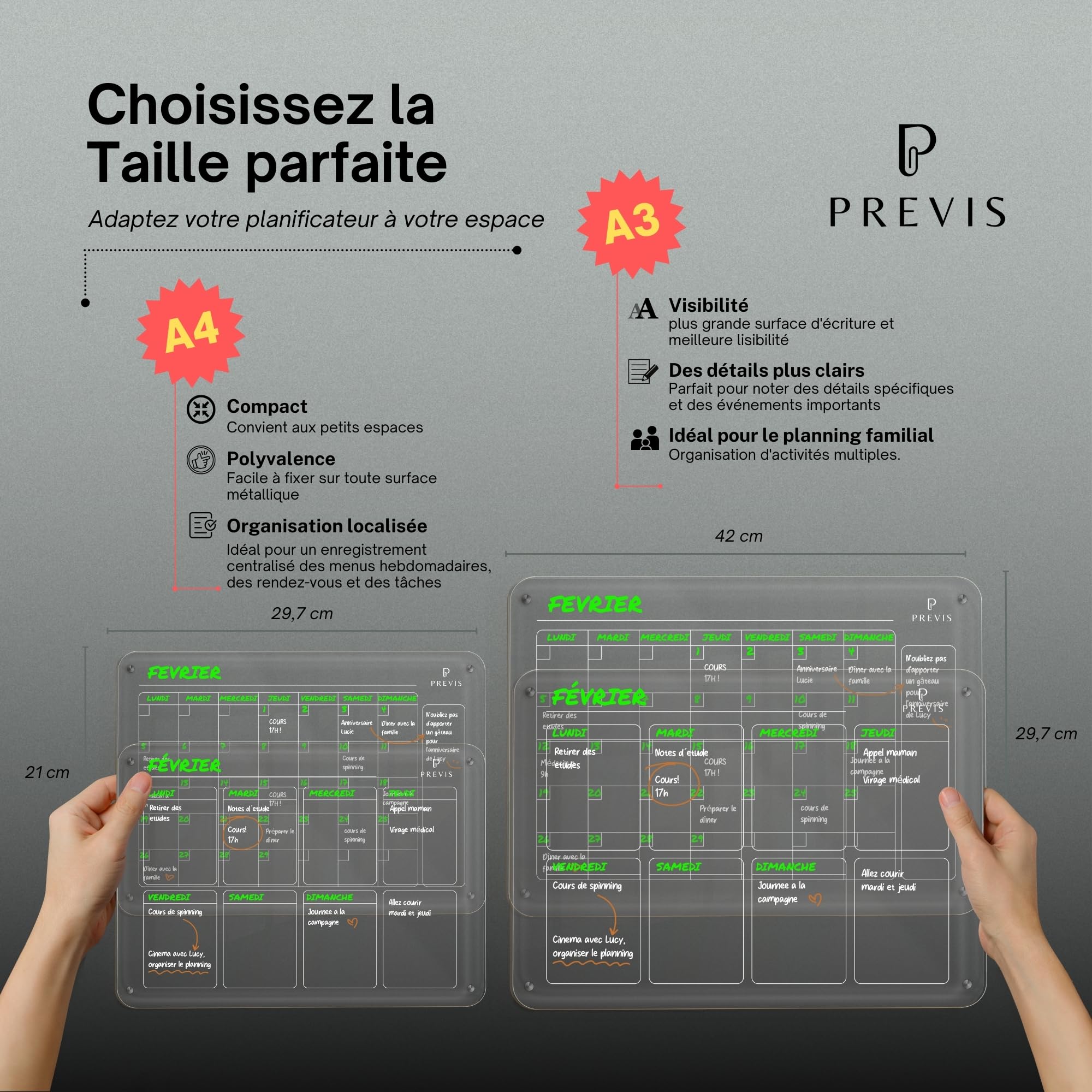 PREVIS BRAND 2X Calendrier Magnetique Frigo Transparent (Mensuel+Hebdomadaire) A3(30X40CM) avec 4 Marqueurs Premium -2 Tableau Planner Frigo Transparent -Idéal Pour une Organisation Minimaliste