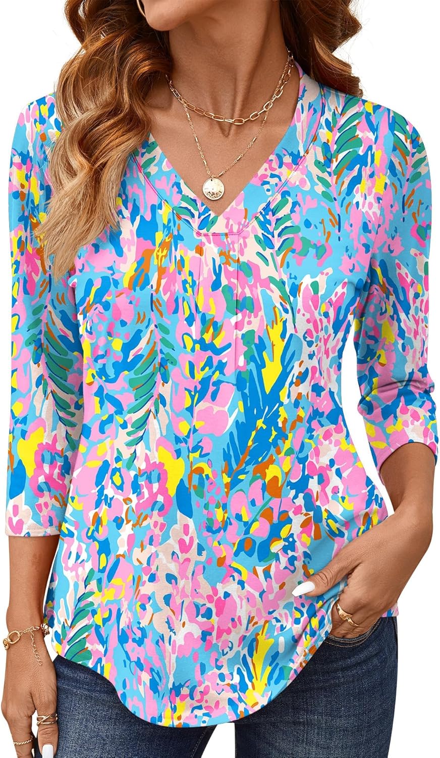 AKEWEI 3/4 Length Sleeve Womens Tops V Neck T Shirts Dressy Casual Pleated Spring Fashion 2026 Work Blouses - Image 2