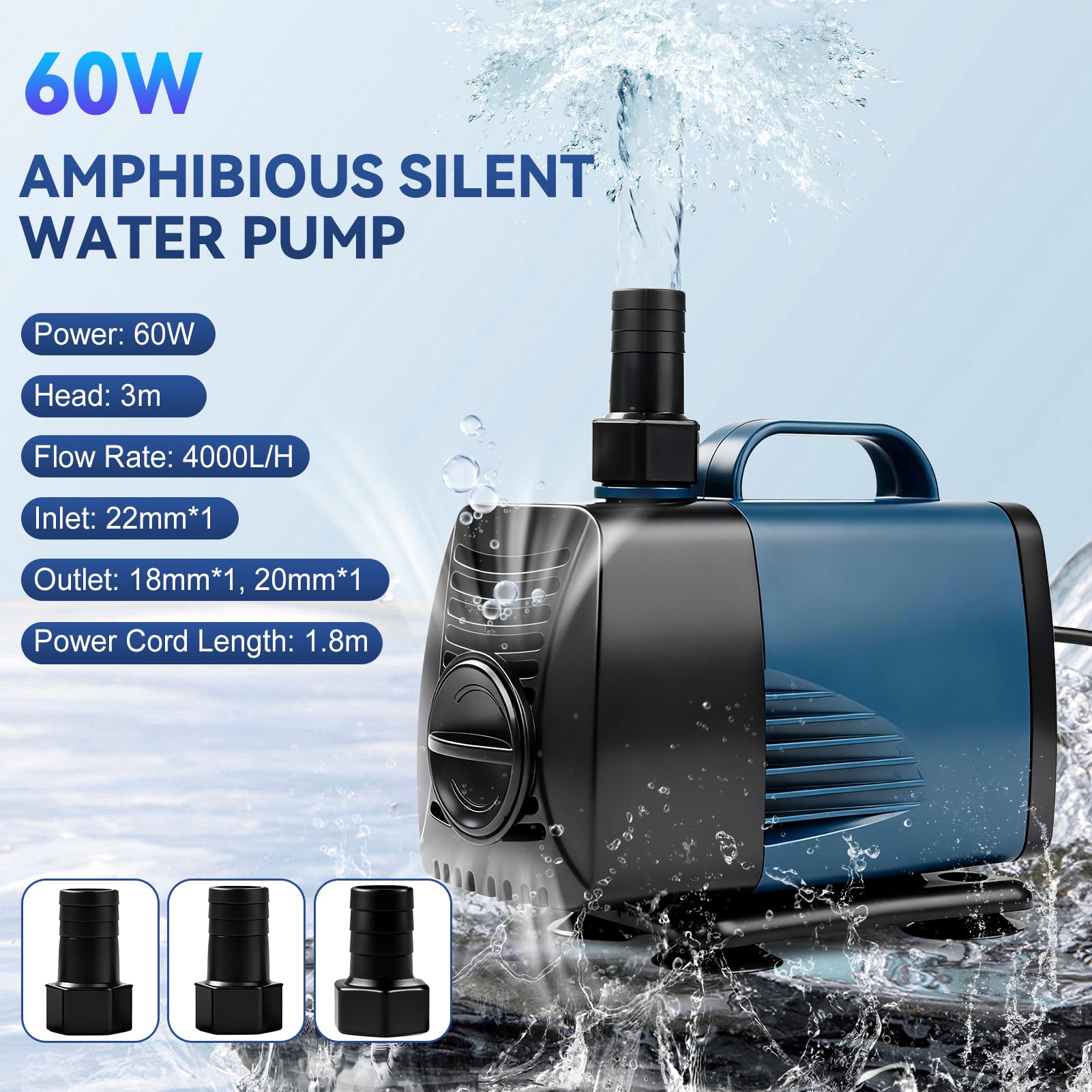 Nikou Pompe Submersible pour Bassin, 60W 4000L/H Silencieuse Aquarium Pompe avec Câble 1.8M, Protection Surchauffe, pour Aquarium, Filtration, Fontaine, Étang