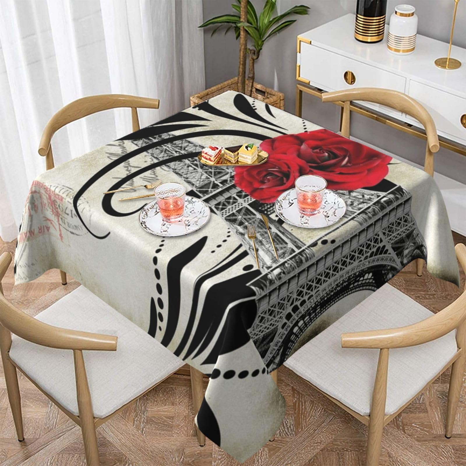 DCEHGEW Eiffel Tower Red Rose Prints Square Tablecloth 137x137 CM, Waterproof Fabric Table Cloth for Dining Table, Farmhouse Table Cover for Kitchen Dining Tabletop Decoration