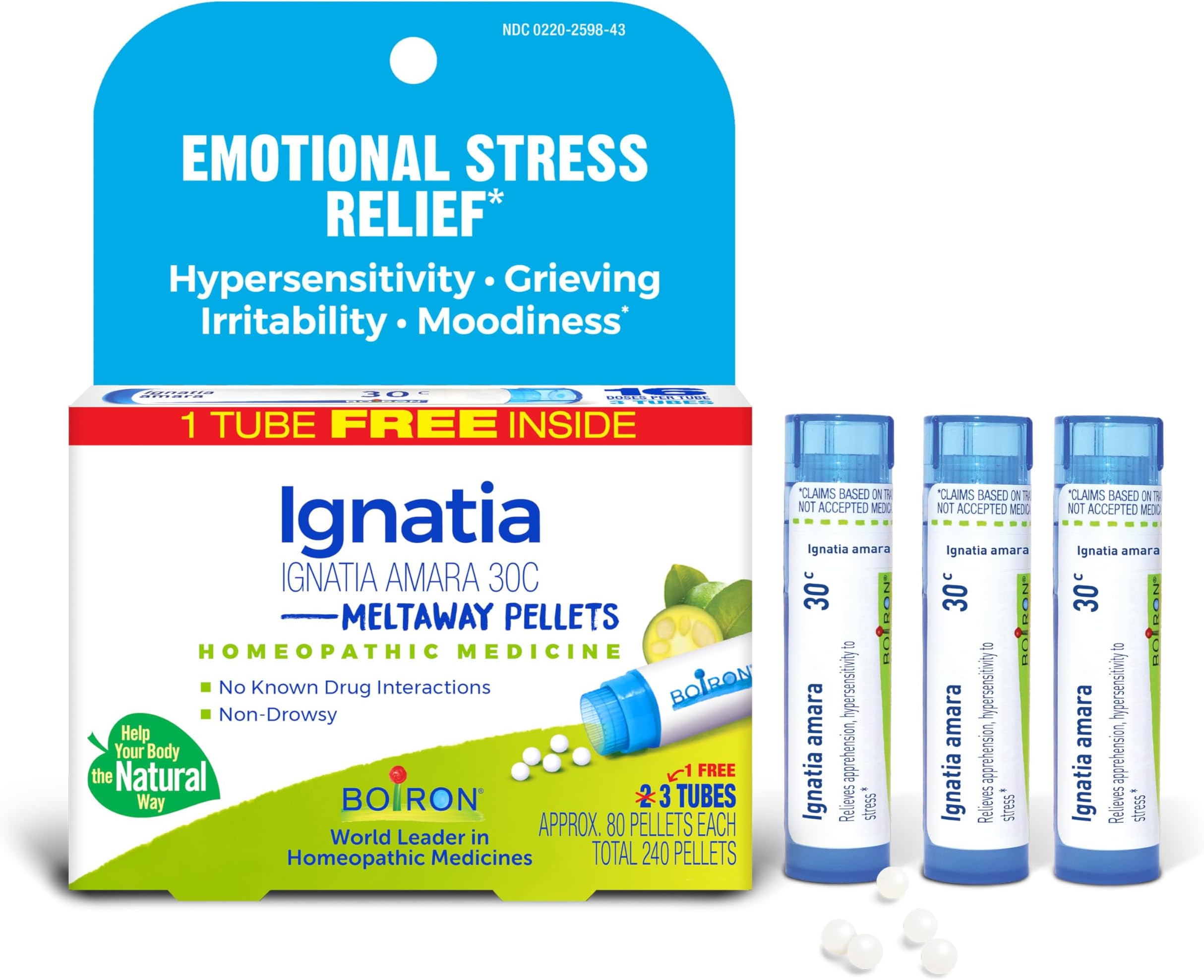 Boiron Ignatia Amara 30C Homeopathic Medicine for Relief from Emotional Stress, Hypersensitivity, Irritability, and Moodiness - 3 Count (240 Pellets)