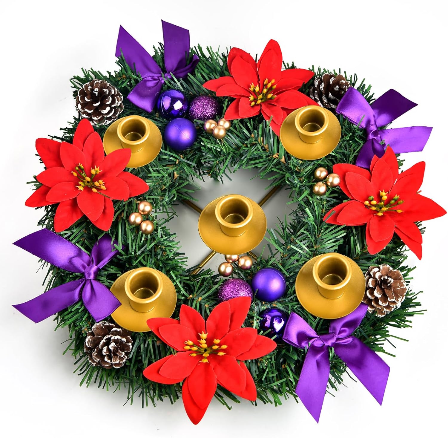 12 Inch Christmas Advent Wreath 5 Candle Holder with Metal Candle Cups for Taper Candles Fire Retardant Centerpiece Decorations for Table Indoor Home Church(No Candles)