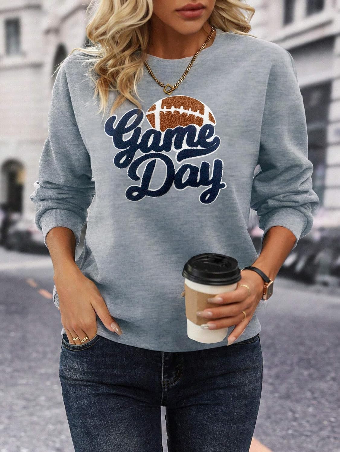 Football Game Day Sweatshirt for Women Game Day Chenille Patch Shirts Football Graphic Long Sleeve Tops - Image 2