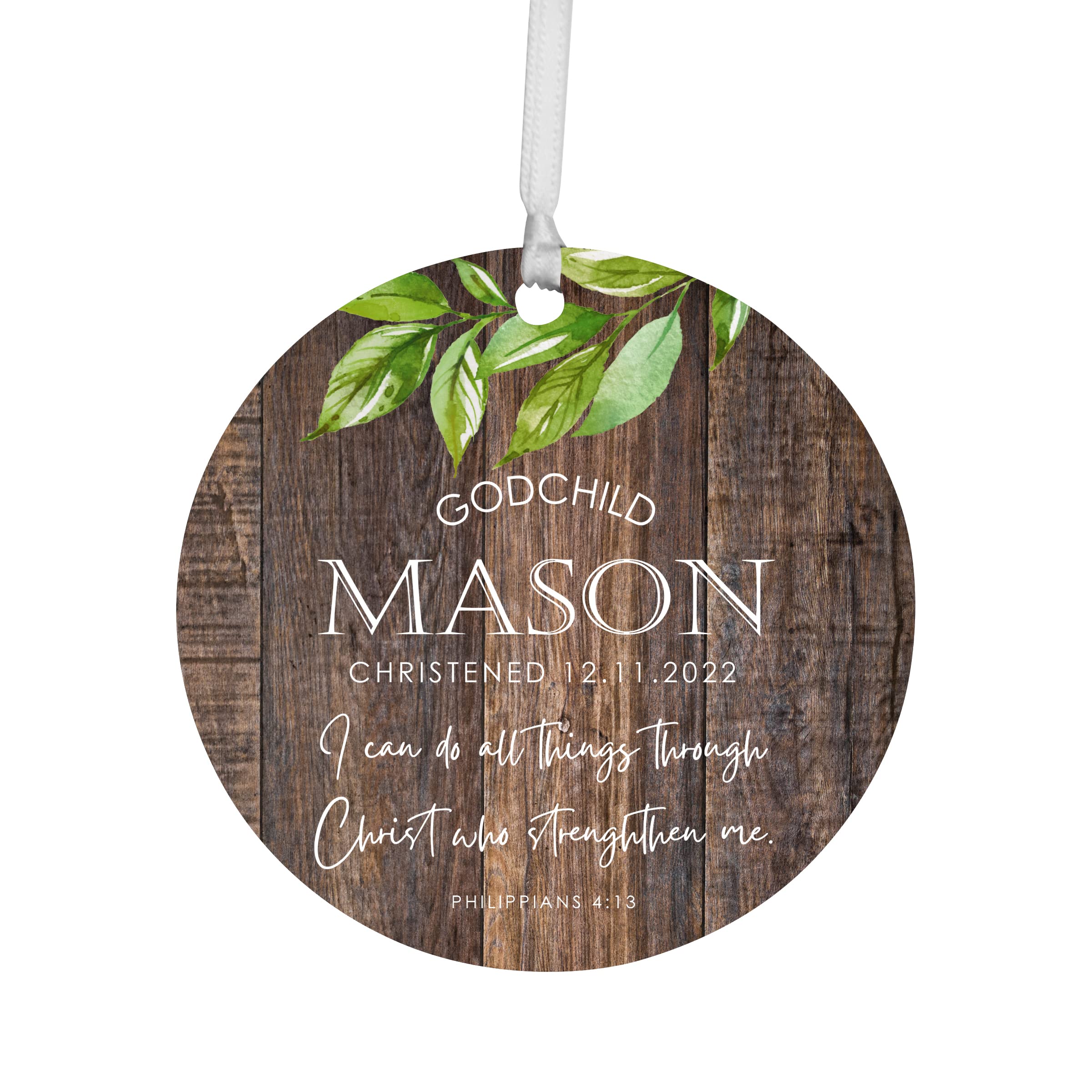 LifeSong Milestones Personalized Godchild Wooden Round Hanging Ornament Christmas Decor Christening Confirmation and Baptism Gifts Boys and Girls 3.75 (I can do All Things)
