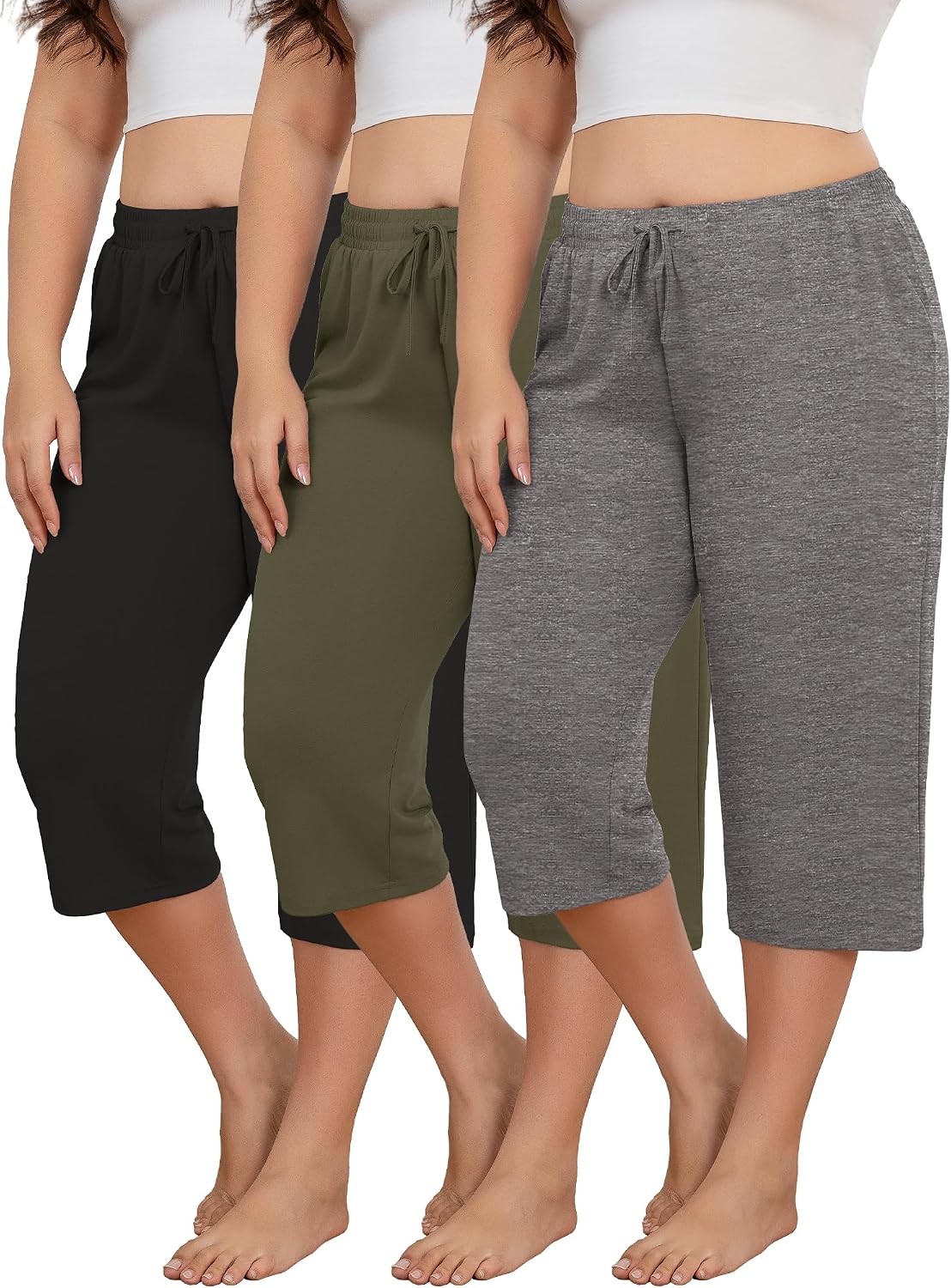 3 Pack Women's Plus Size Capri Sweatpants, Drawstring Waist Stretchy Wide Leg Yoga Cropped Lounge Pants with Pockets