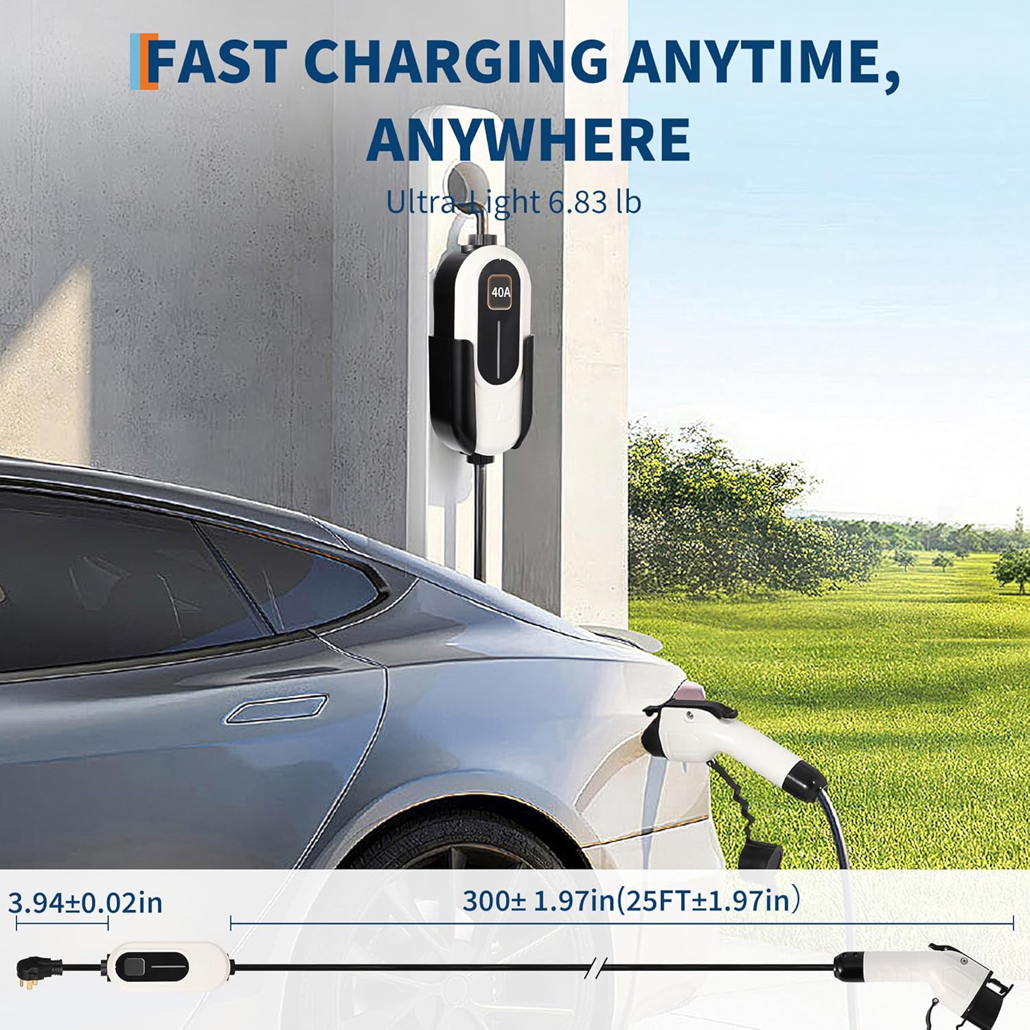GarveeTech Level 2 EV Charger, 40A 240V Voltage, NEMA 14-50 Plug, 25 ft Cable, Adjustable Current/Delay Timer, SAE J1772 Listed Portable Electric Car Charger for Indoor/Outdoor Use, WiFi Enabled