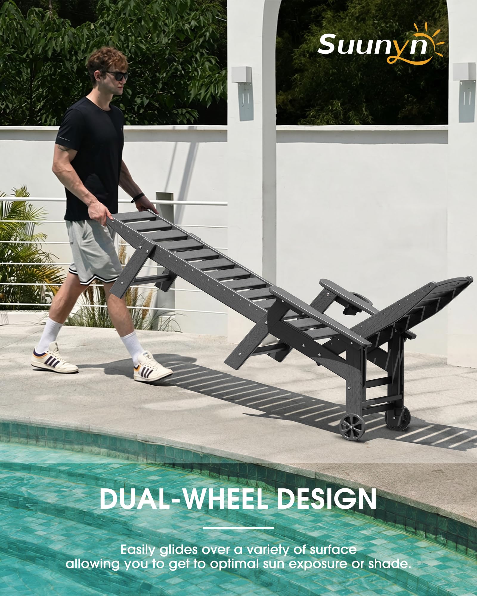 Condition photo showing New/Like New for pair of chaise lounge outdoor, lounge chair outdoor with wood texture, adjustable 5-position backrest, hdpe lounge chair with wheels & cup holder for pool deck backyard, dark grey