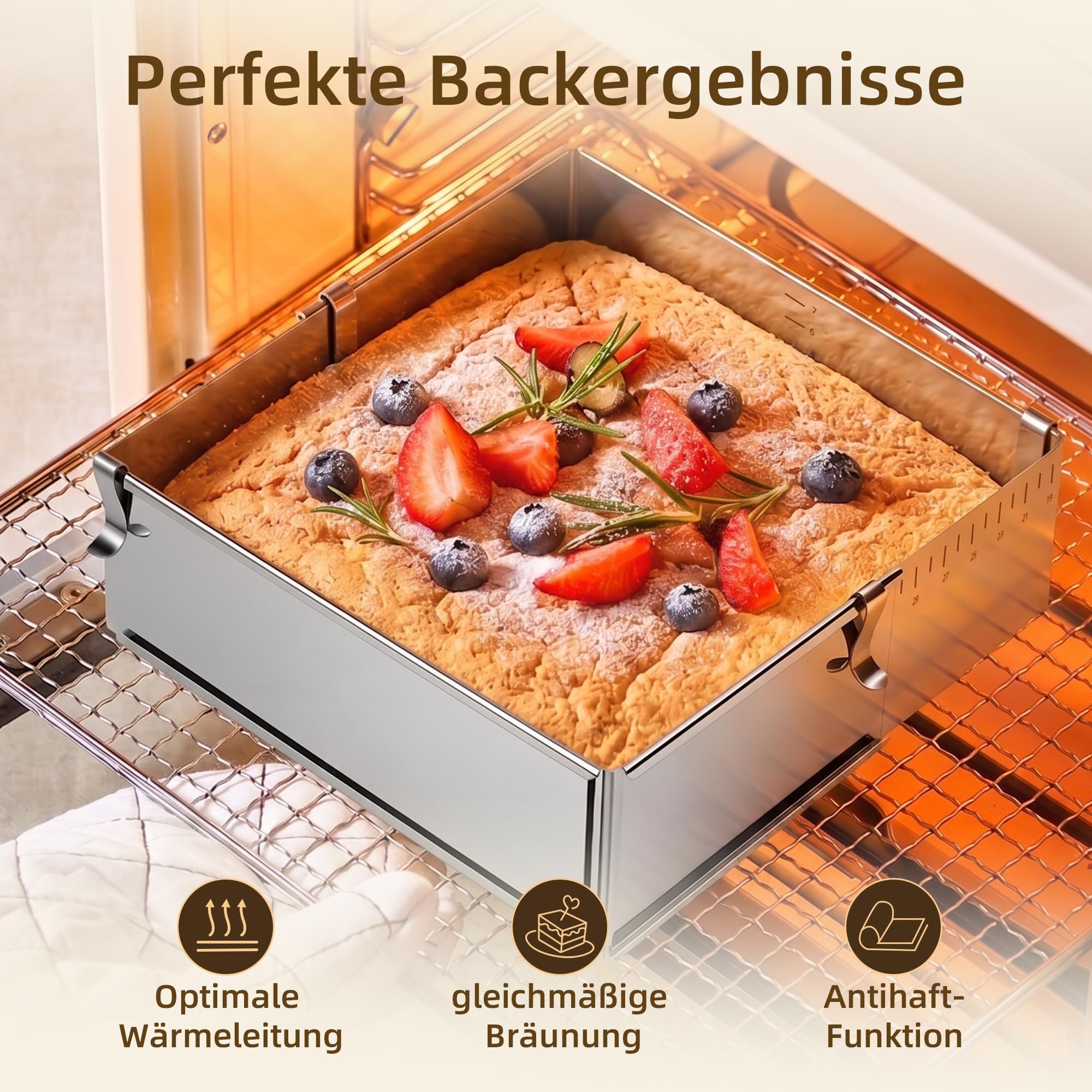 ICARE Backrahmen rechteckig verstellbar 8 cm hohe - Edelstahl Backform | Kuchenform eckig mit 4 Klammer für Schichttorten, Torten & Desserts – Zerlegbarer Tortenring eckig zum Backen