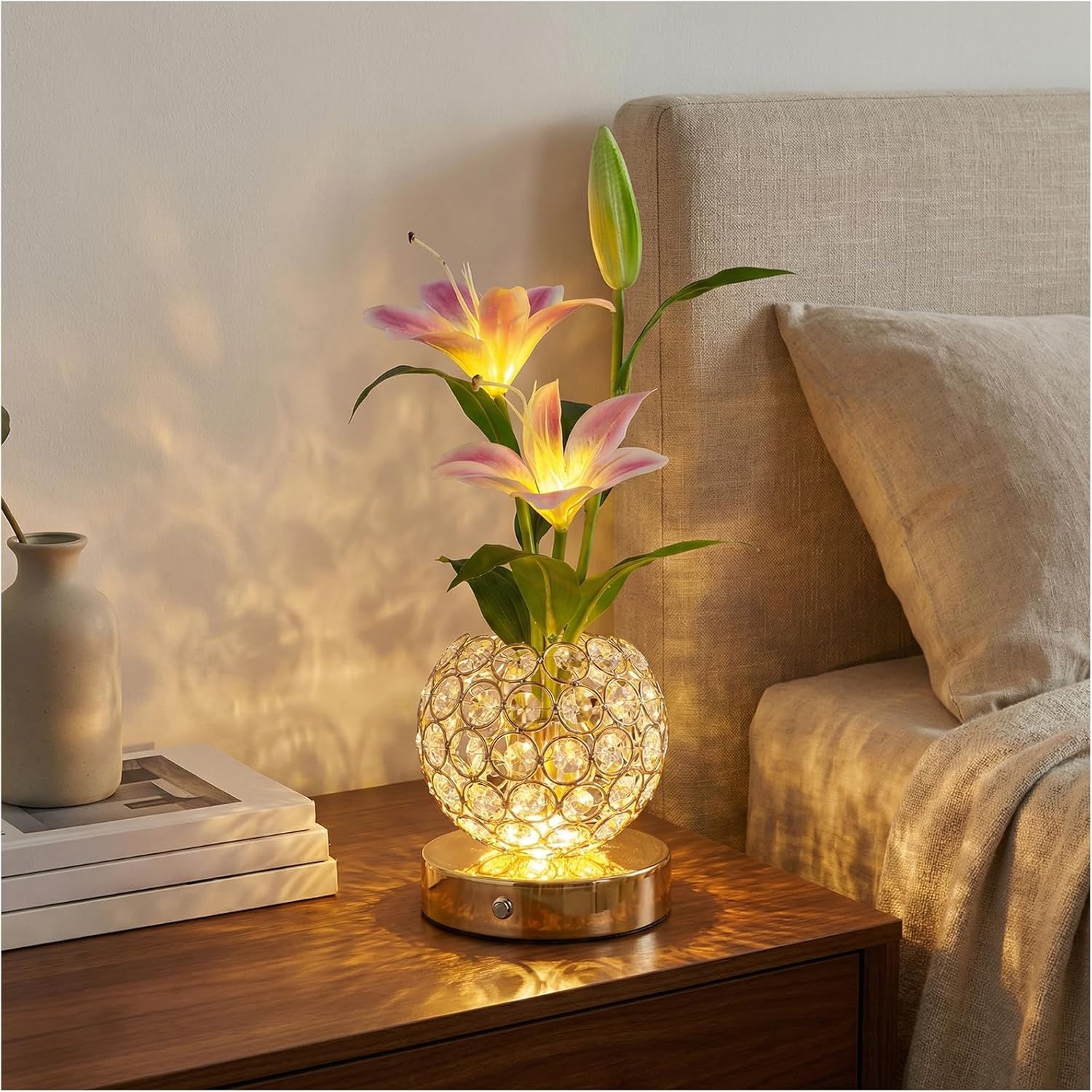 Stargazer Lily Flowers Table Lamp, Rechargeable Cordless Touch Crystal Lamp with 3 Color Modes, Easter Lily Night Light for Bedroom Kitchen Office Decor, Birthday Mothers Day Gifts for Women Mom