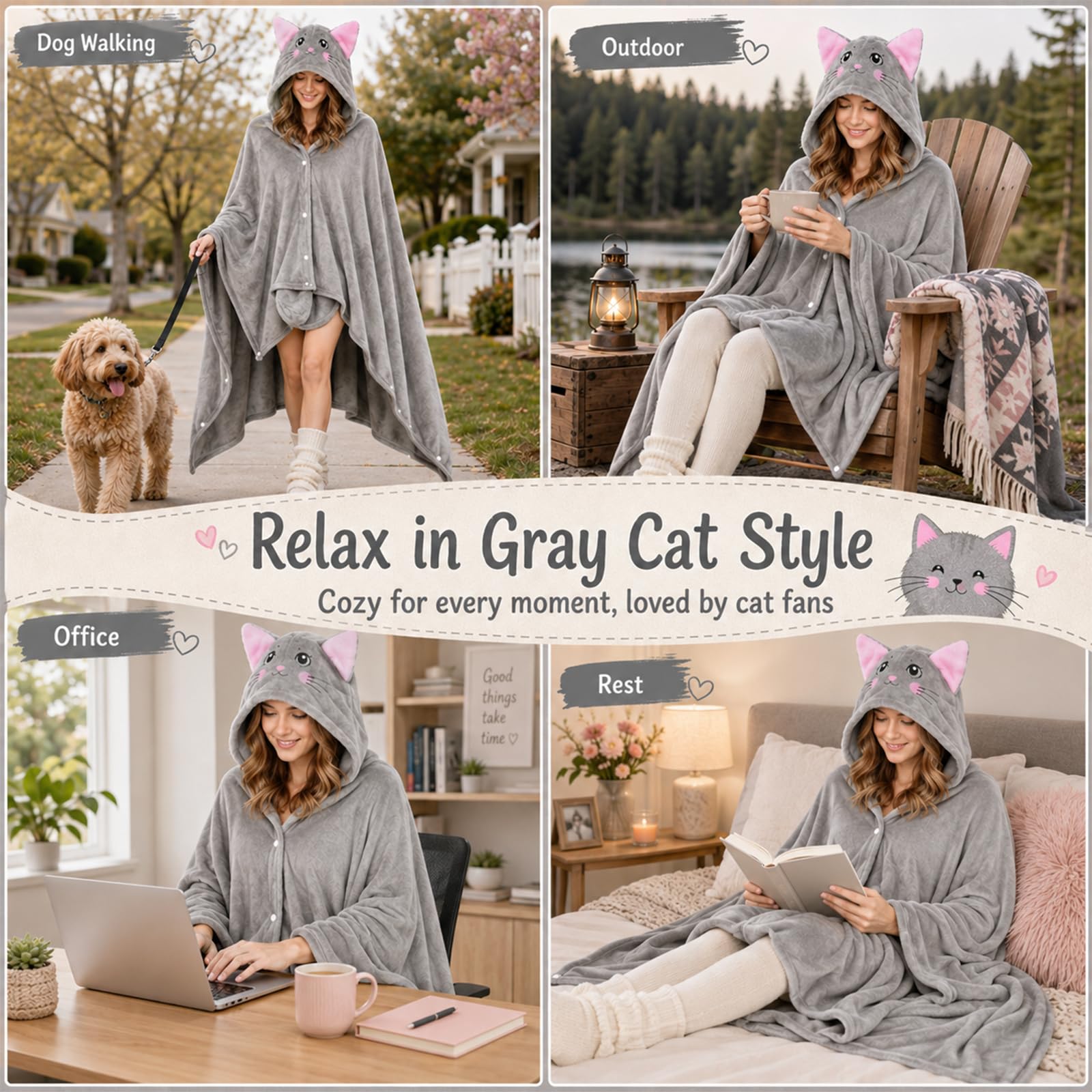 Manta con capucha y mangas, estilo sudadera, de franela, color gris, con forma de gato. Regalo ideal para amantes de los gatos, perfecto para el hogar, viajes, cumpleaños y mascotas(Gray Cat)