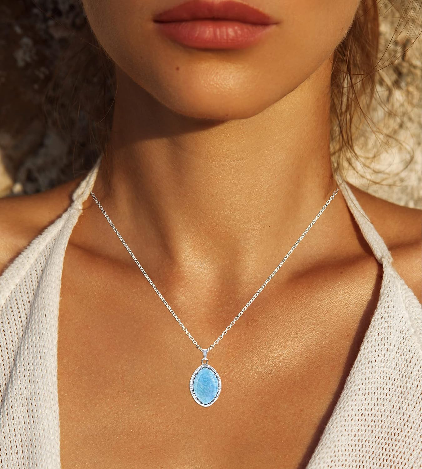 Natural Larimar Sterling Silver Marquise Pendant Necklace Vintage Style with 18" Silver Chain Necklace for Women