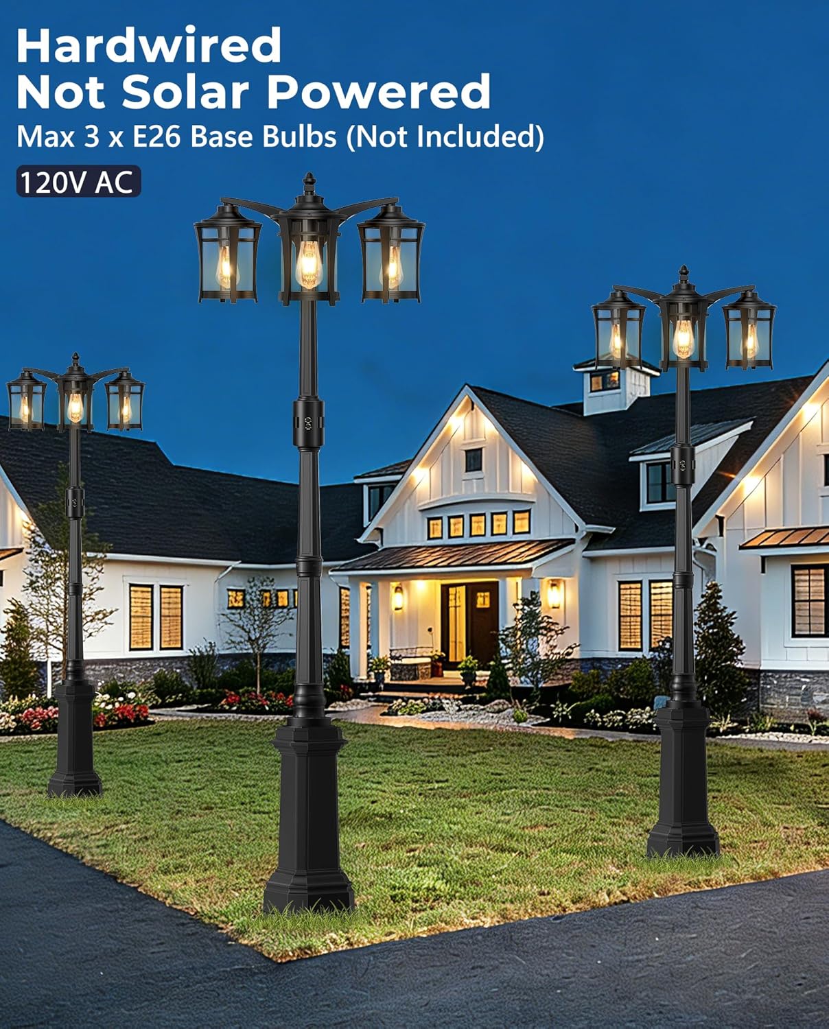 Lotsky Motion Sensor Outdoor Post Lights,360°Detection Dusk to Dawn Lamp Posts Outdoor Lighting with 3 Modes,Black 3-Head Aluminum Outside Street Light for Garden,Driveway,Patio,Waterproof,E26 Base