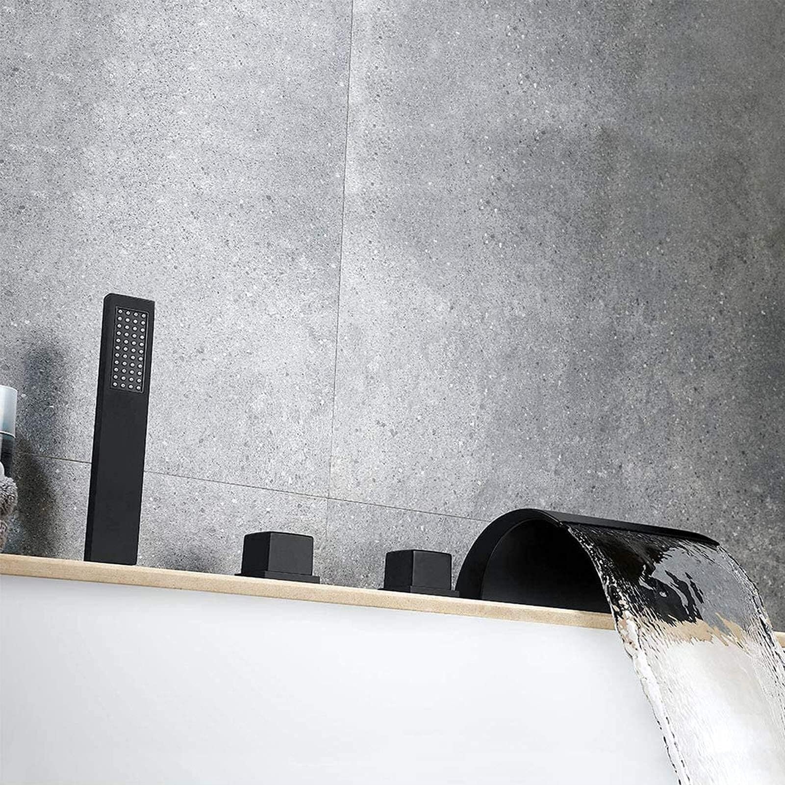 Grifo de bañera Cascada Negro Mate, Moderno Grifo de bañera de 5 Orificios para Montaje en Cubierta, llenador de bañera Romana con Ducha de Mano, Grifo Mezclador de Ducha para baño