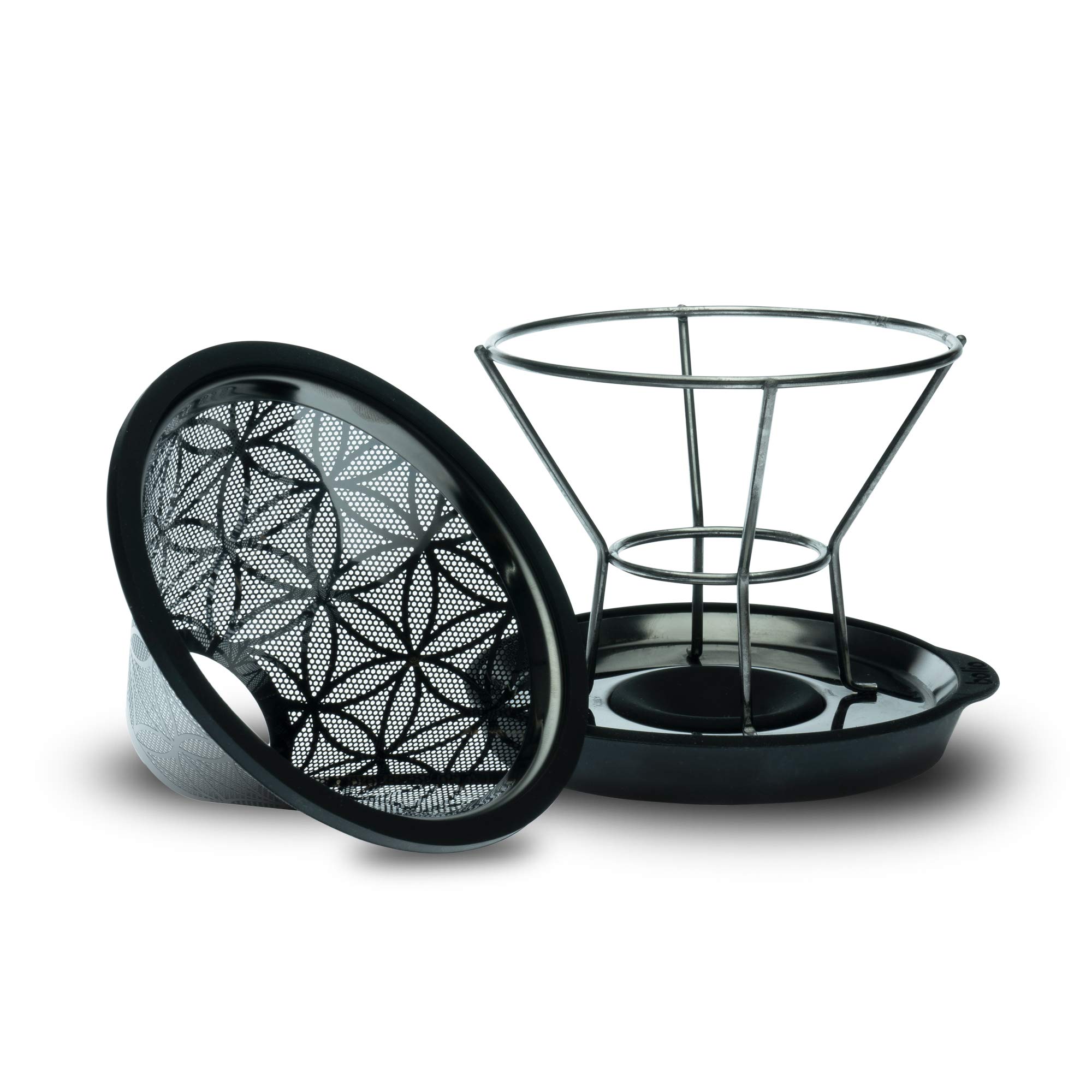 BolioSlobru Series Cradle & Basket - Premium Pour Over Coffee Dripper For Paper and Cloth Cone Filters - Titanium Coating with dripless silicone base (Metallic Grey, Slobru Series)