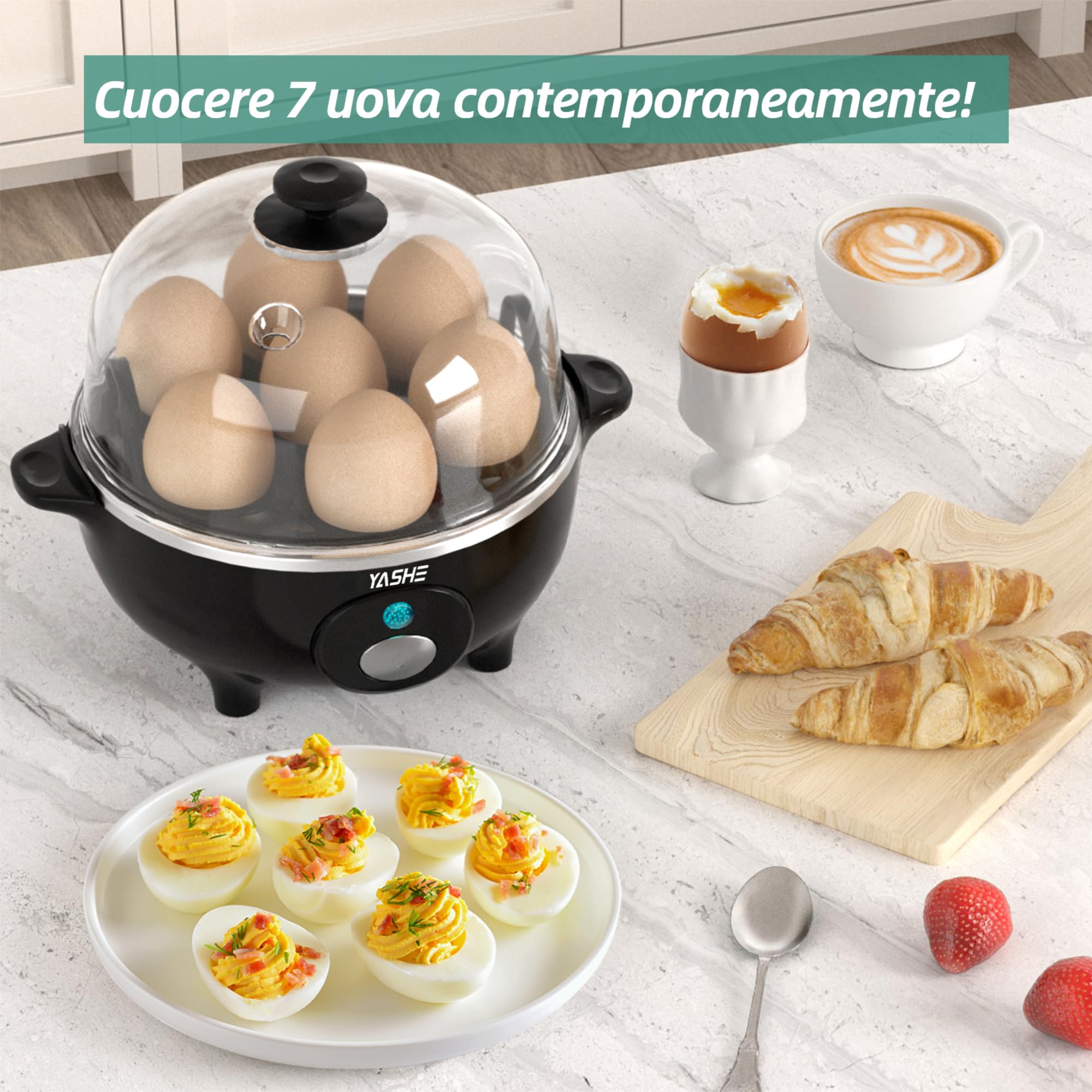 YASHE Cuociuova, 360W Cucina Compatta Multifunzione, 7 Uova facili da sbucciare, morbide, medie, dure, Poacher， Cuiseur vapeur, Segnale Acustico, luce indicatrice, BPA FREE