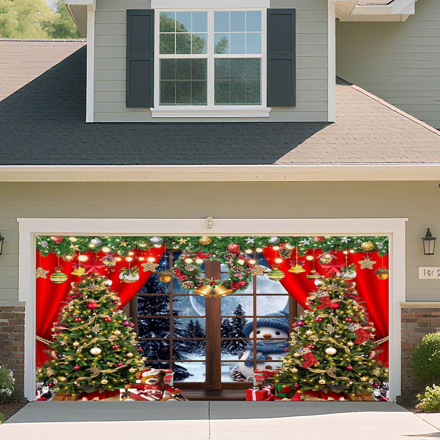 16X7ft Winter Christmas Garage Door Background,Merry Christmas Snowman for Red Party Xmas Tree Gift Window Night Full Moon Merry Background for Family Holiday Party - Banner Garage Door