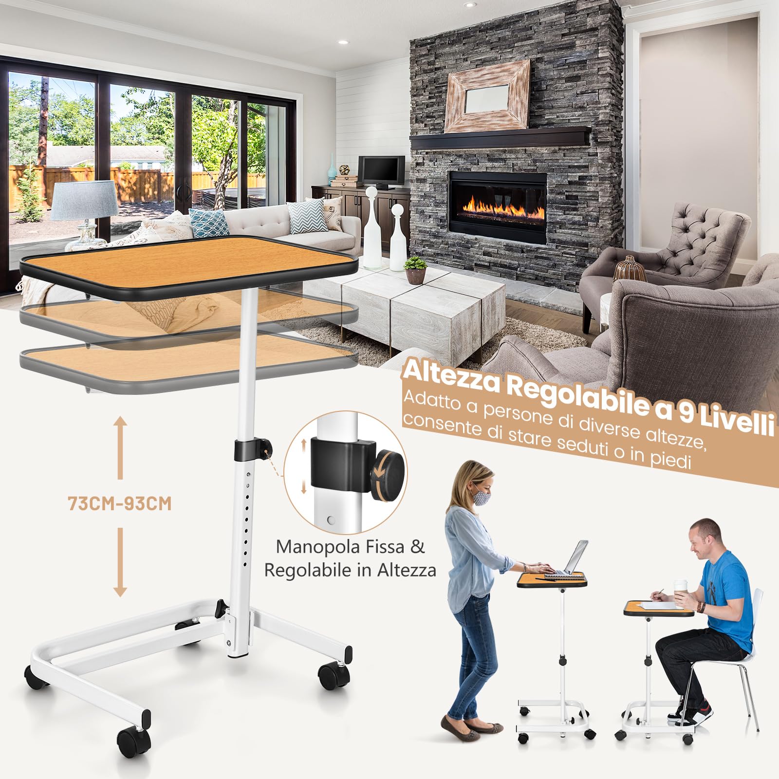 COSTWAY Tavolino da Letto e Divano con Ruote Bloccabili, Tavolino Porta PC con Altezza Regolabile in 9 Posizioni e Piano Inclinabile, Tavolino Servitore Letto per Mangiare e Lavorare (Legno)