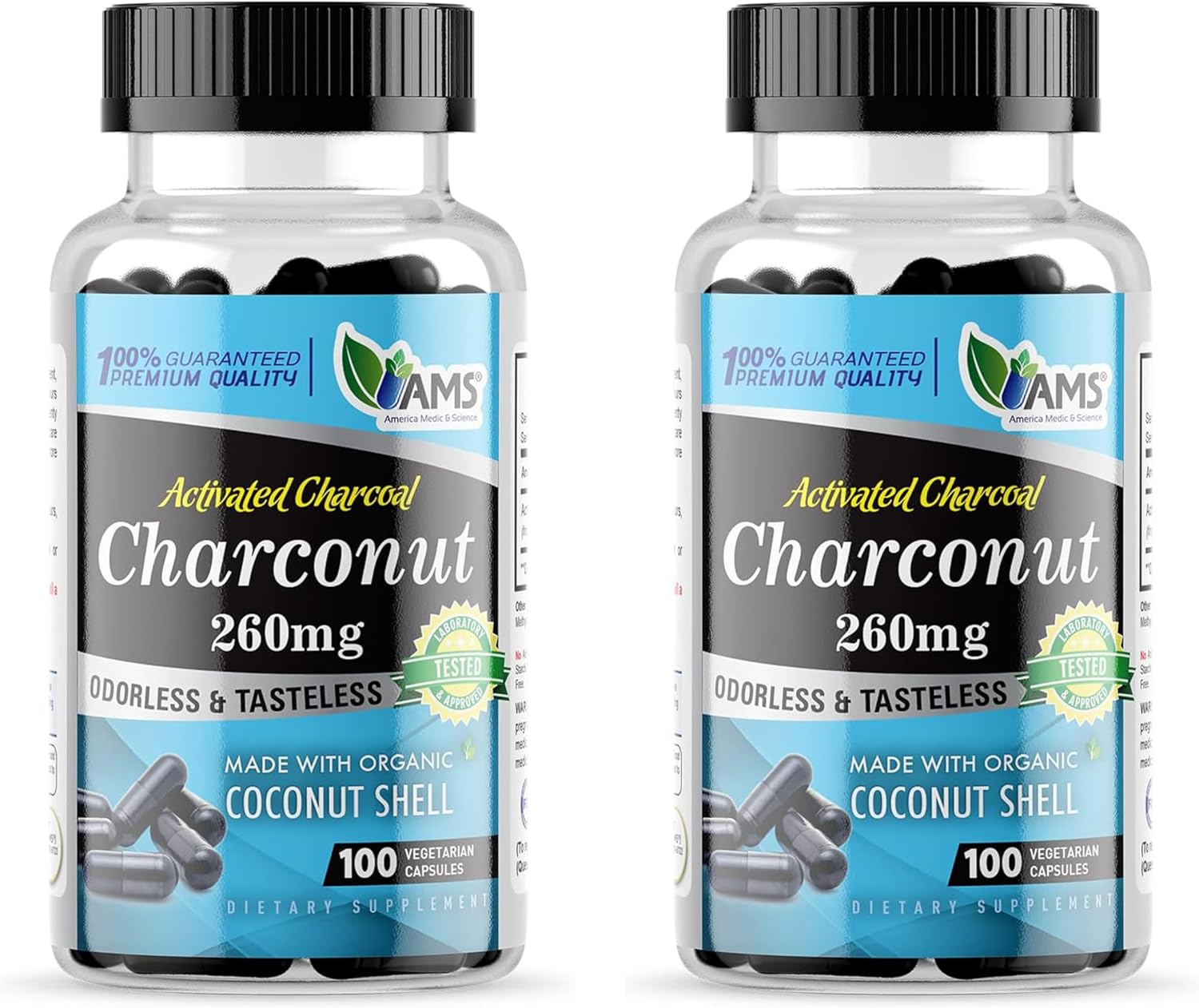America Medic & Science Charconut 260mg (200 Capsules) | Activated Charcoal Supplement for Men & Women | Made with Coconut Husk | Promotes Better Stomach and Digestive Health | Gas & Bloating Relief