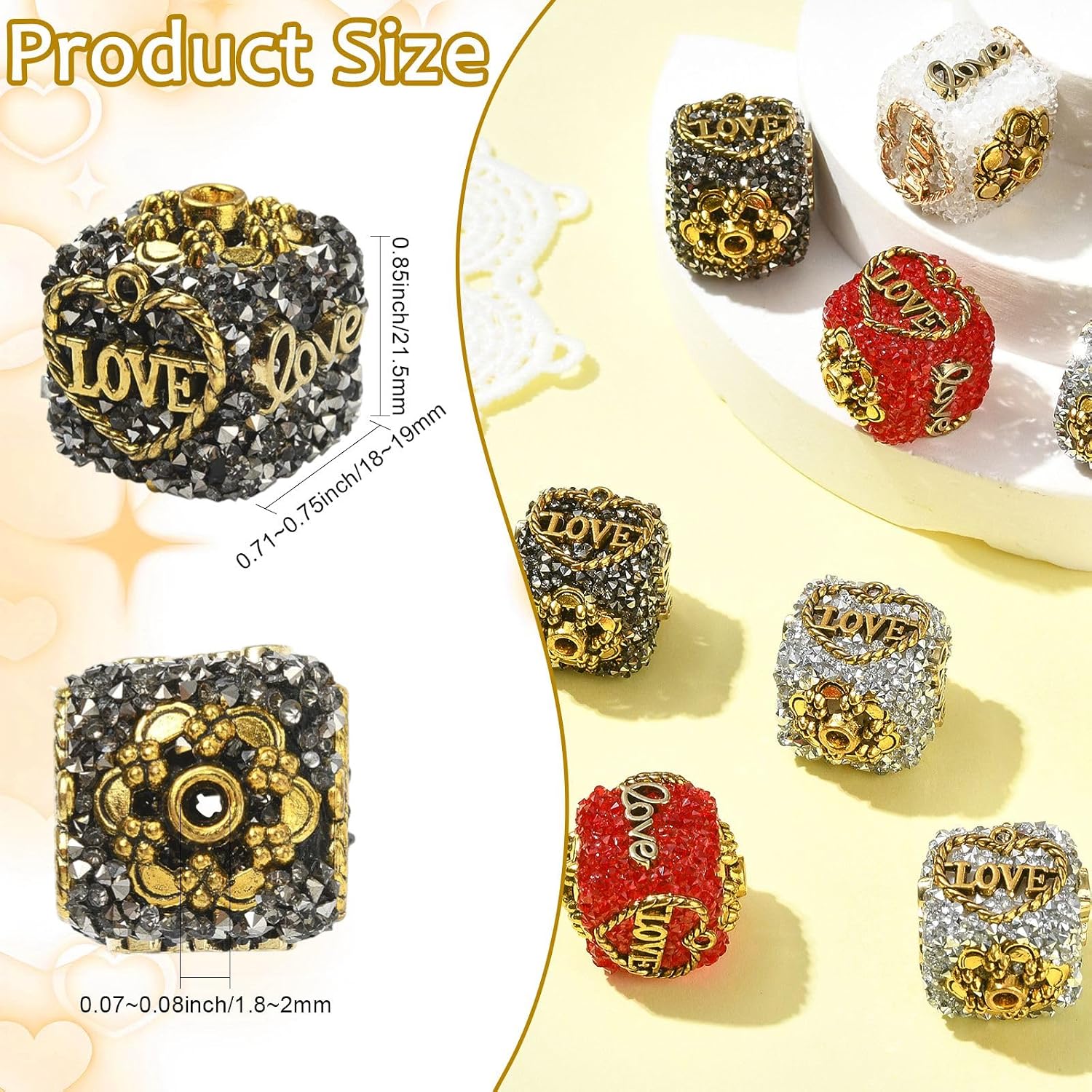 12 pcs 4 Colors Cube Love Theme Acrylic Alloy Beads Cute Heart Square Glitter Beads for DIY Jewelry Necklace Bracelet Earring Keychain Making Craft Decor