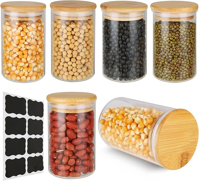 6 PCS Glass Storage Jars Set 300ml Small Spice Jars with Bamboo Wood Lids Airtight and Labels for Home Kitchen Pantry for Food Cookie Candy Snack Pasta Spaghetti Cereal Coffee Flour Tea Herb Grain