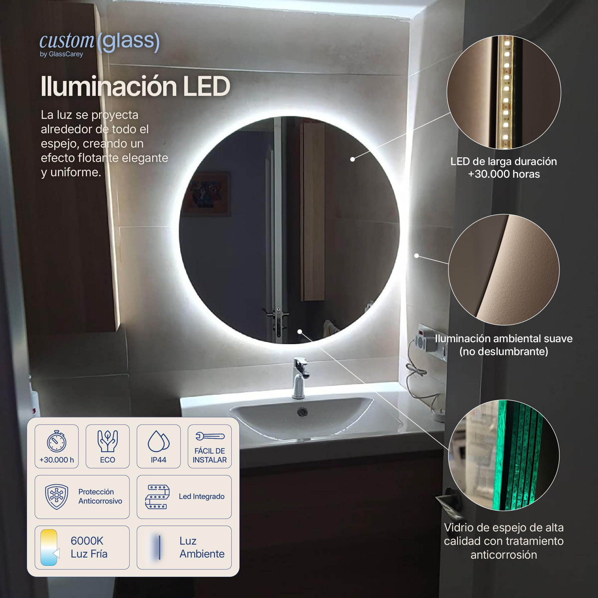 CustomGlass Espejo de Baño con iluminación Led Redondo Varias Medidas con Forma Circular Pared (Redondo 80 cm)
