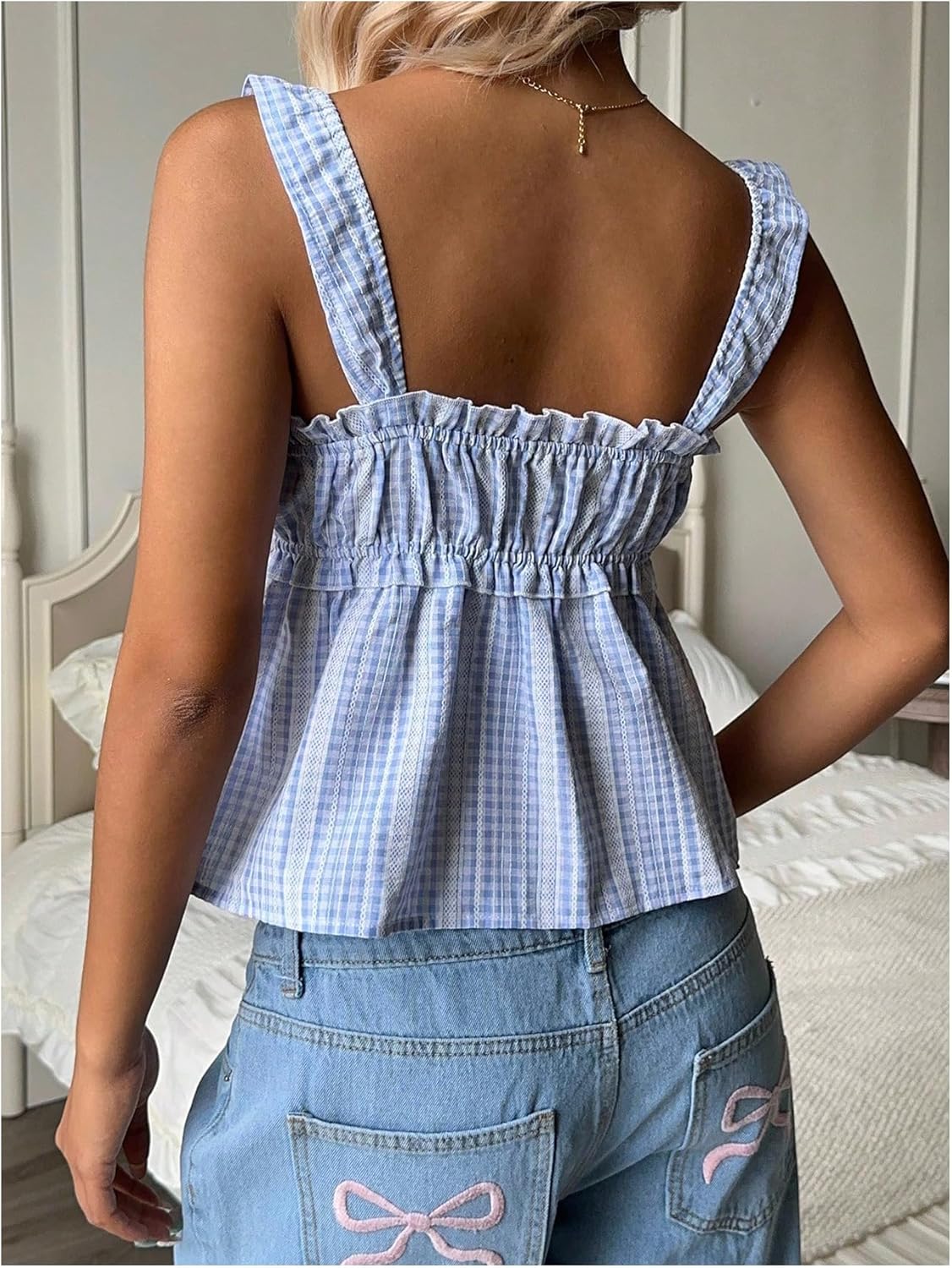 Milumia Women Y2k Plaid Ruffle Peplum Tank Top Sweetheart Neck Sleeveless Frilled Tops - Image 3